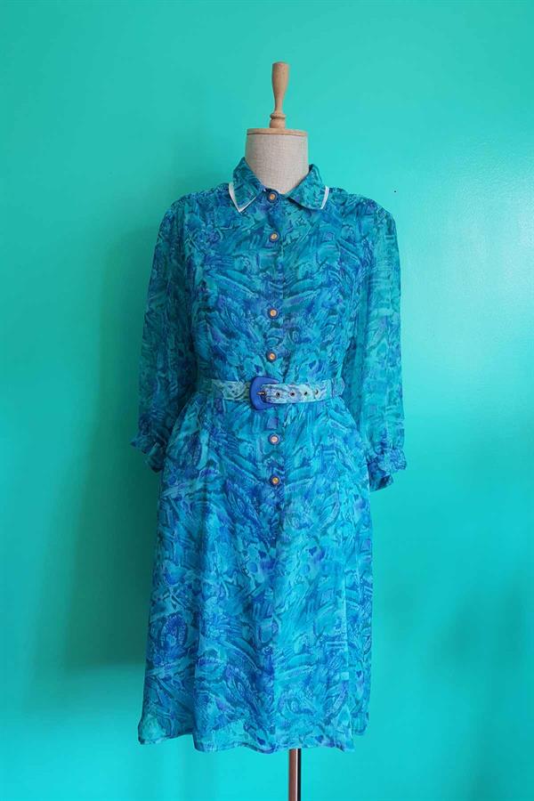 Vintage Kemerli Mavi Elbise