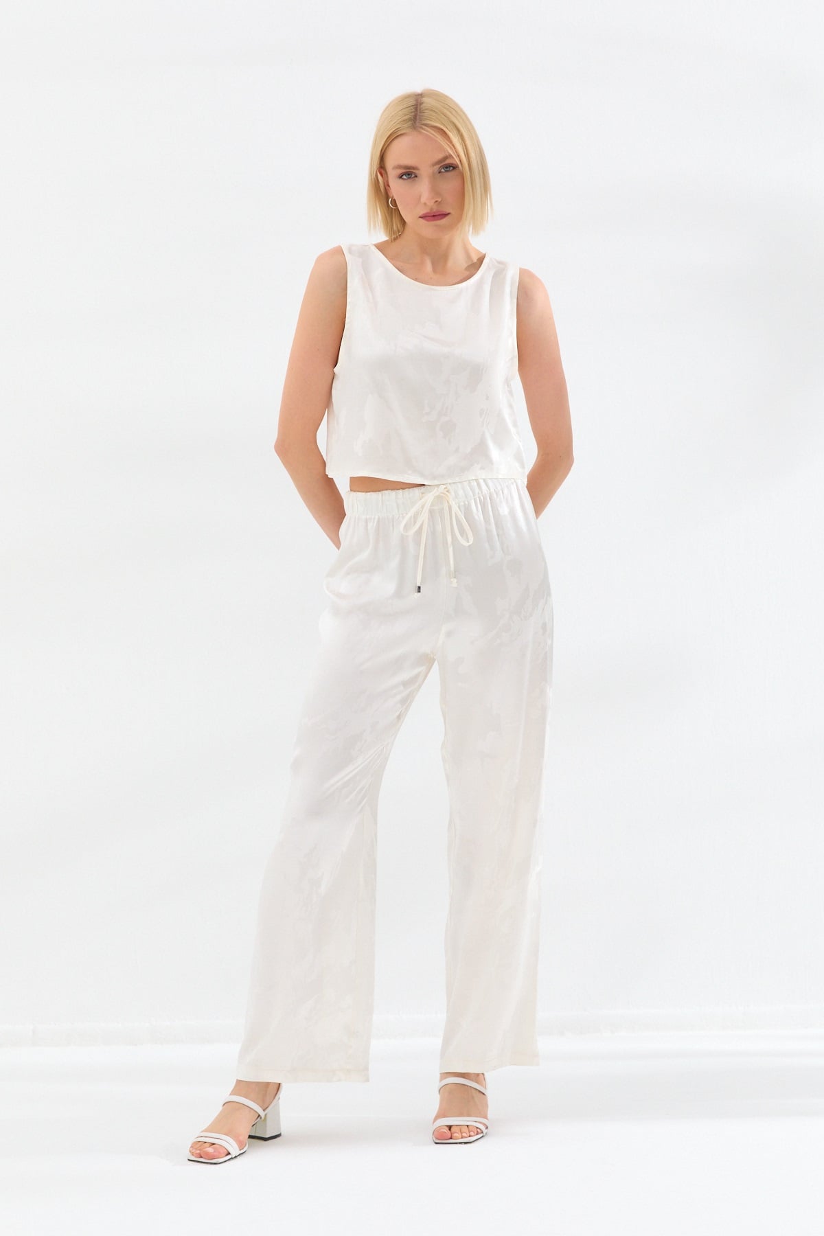 Bağcıklı Saten Pantolon Ekru-6514_54