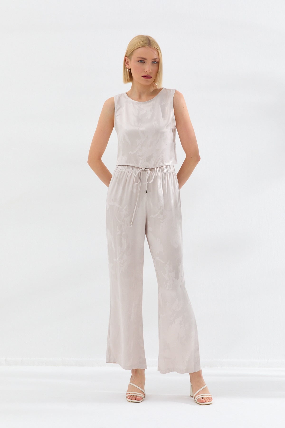 Bağcıklı Saten Pantolon Taş-6514_71