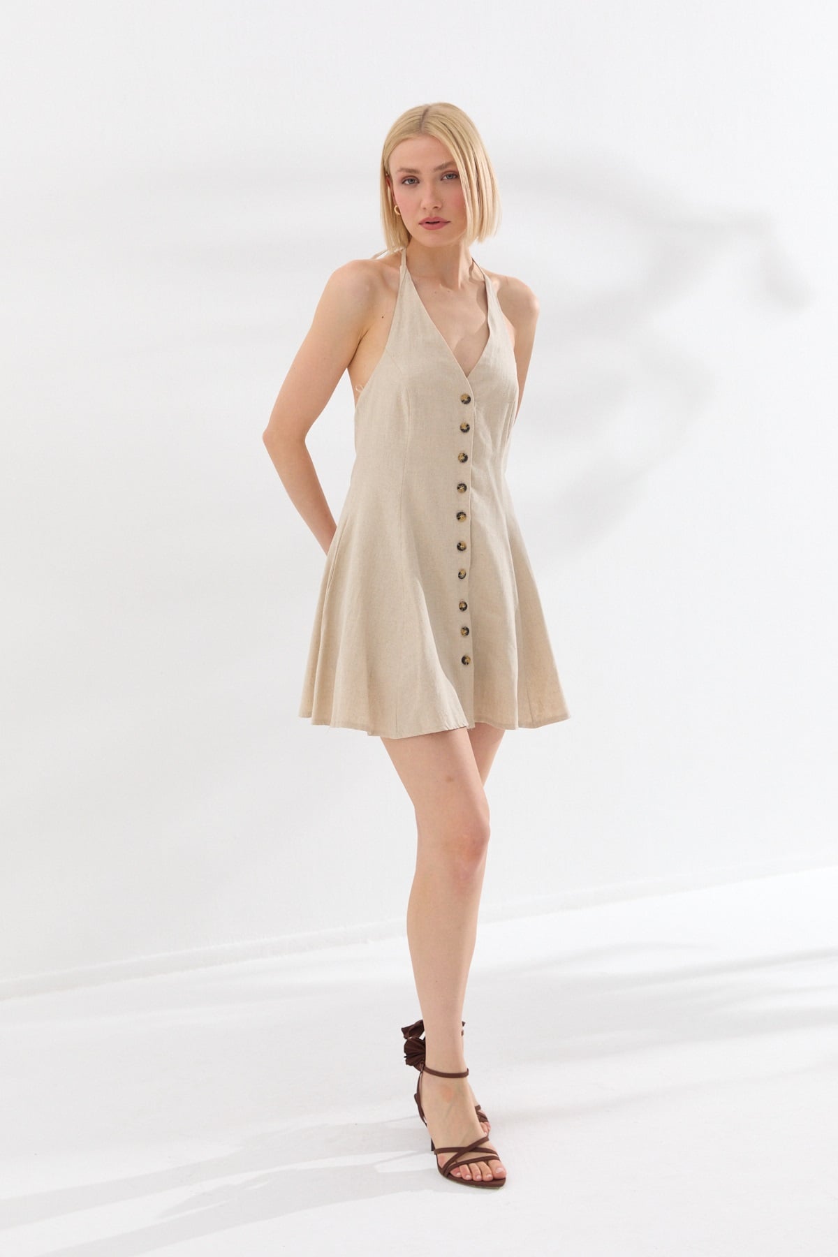 Boyundan Bağlamalı Keten Mini Elbise Naturel-6580_165