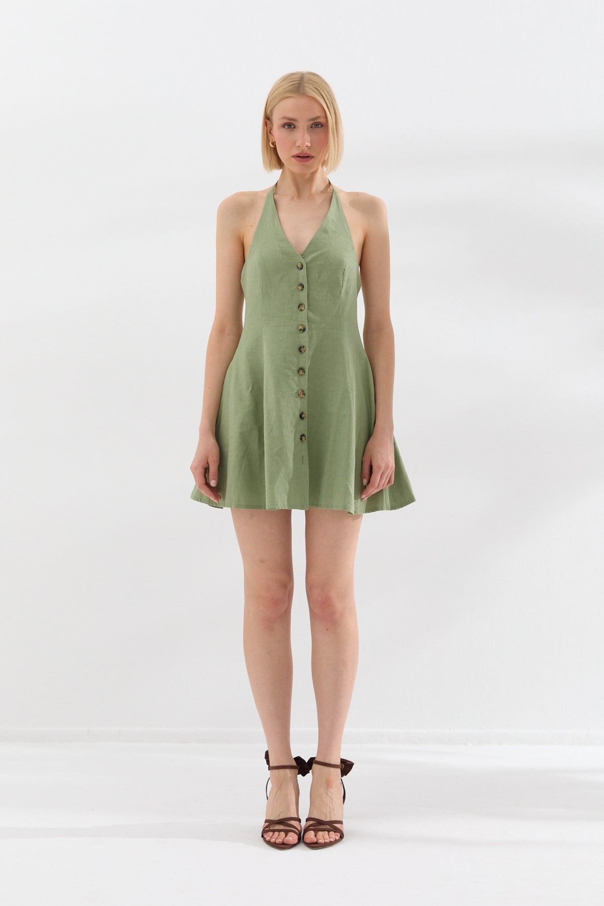 Boyundan Bağlamalı Keten Mini Elbise Olive-6580_167