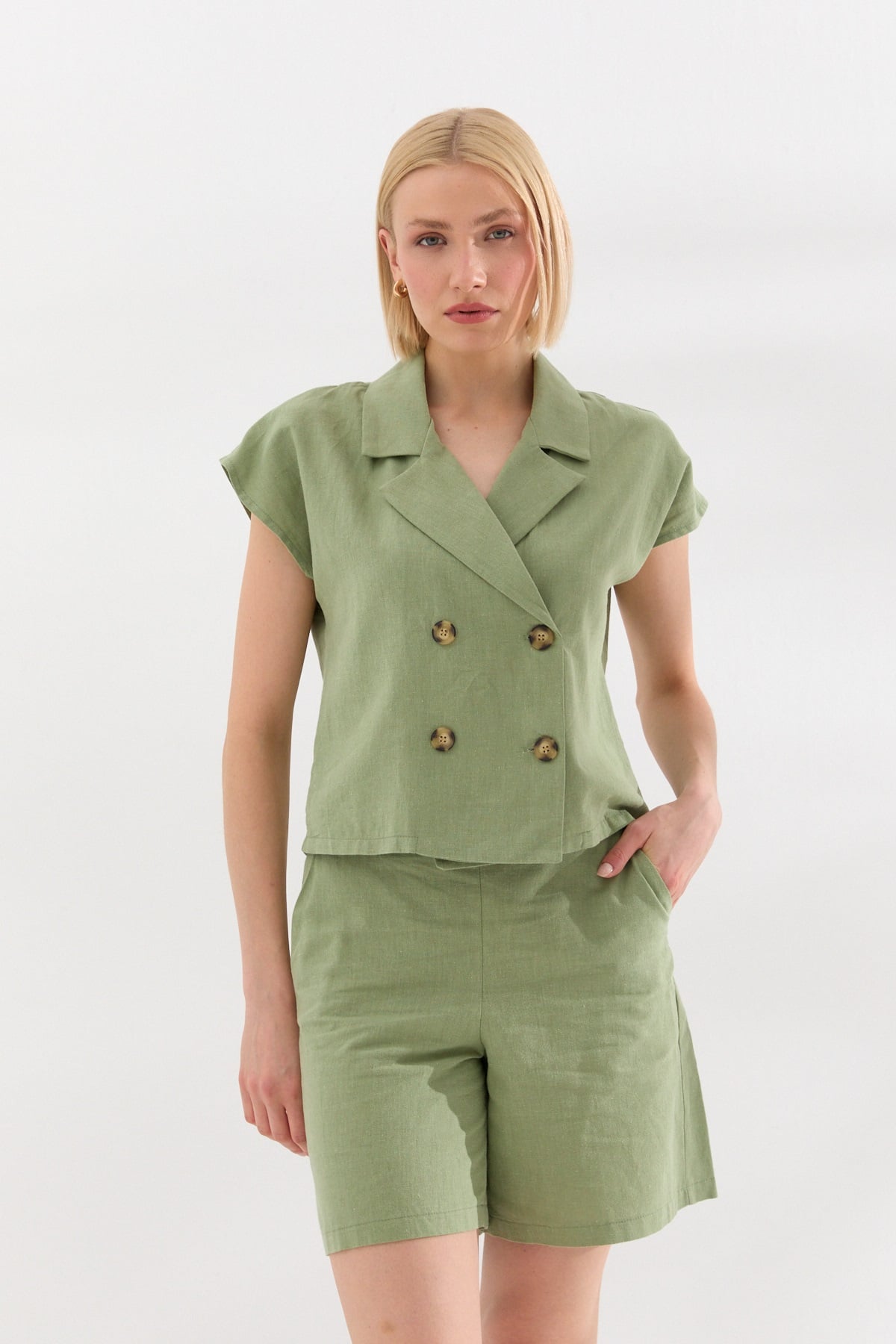 Kruvaze Düğmeli Yelek Olive-6581_167