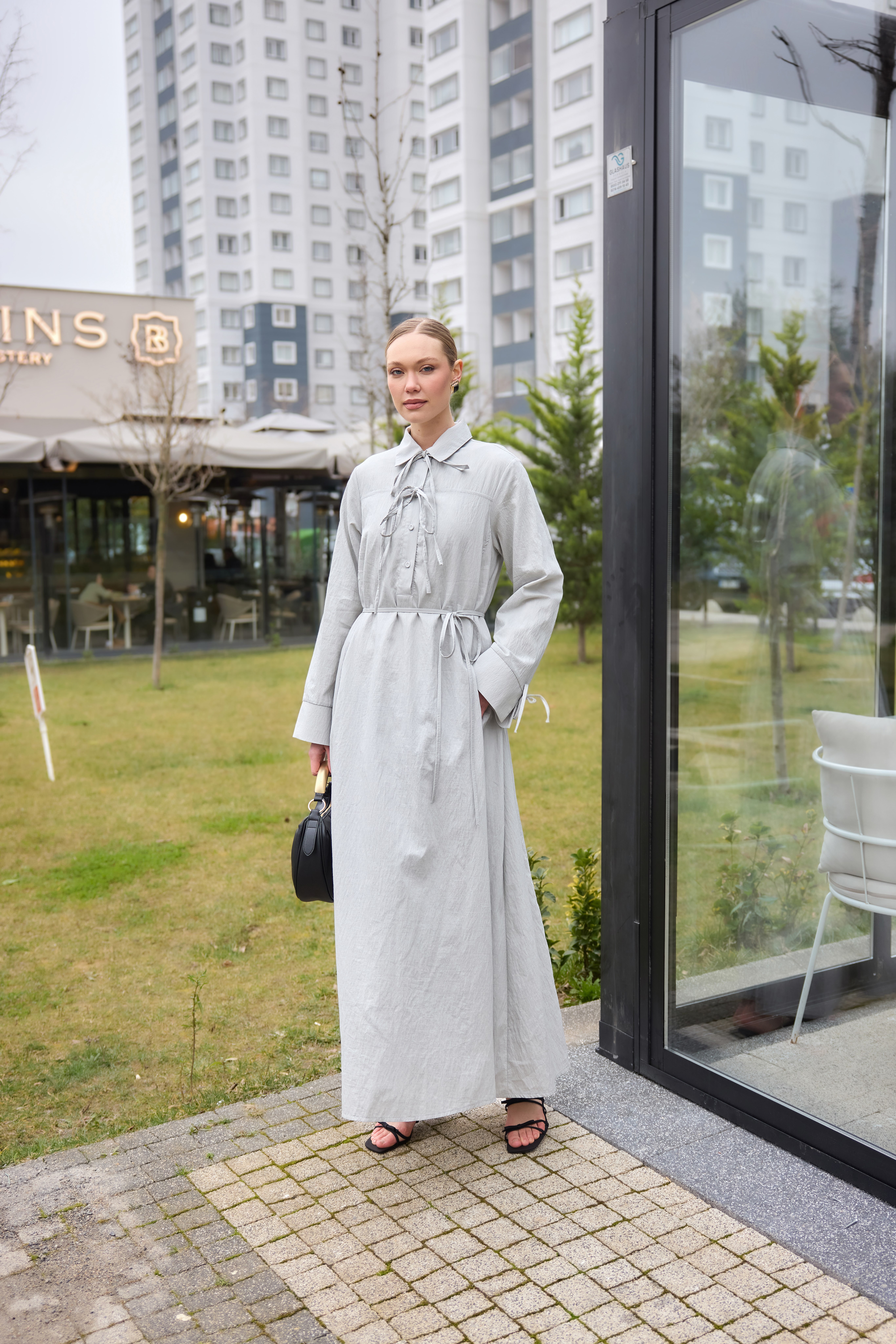 Gri Rahat Kesim Uzun Elbise