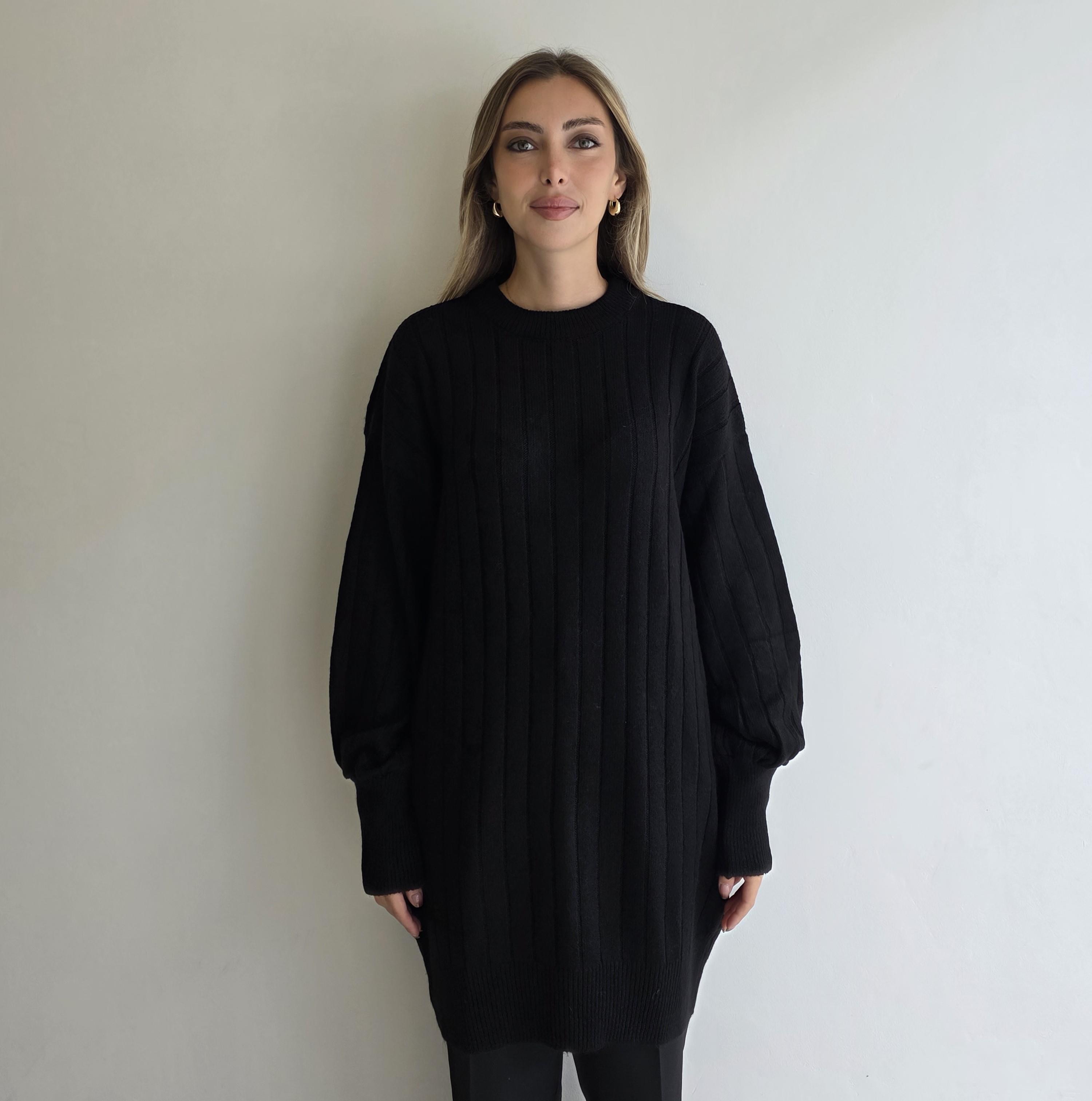 Siyah Çizgi Desenli Triko Tunik