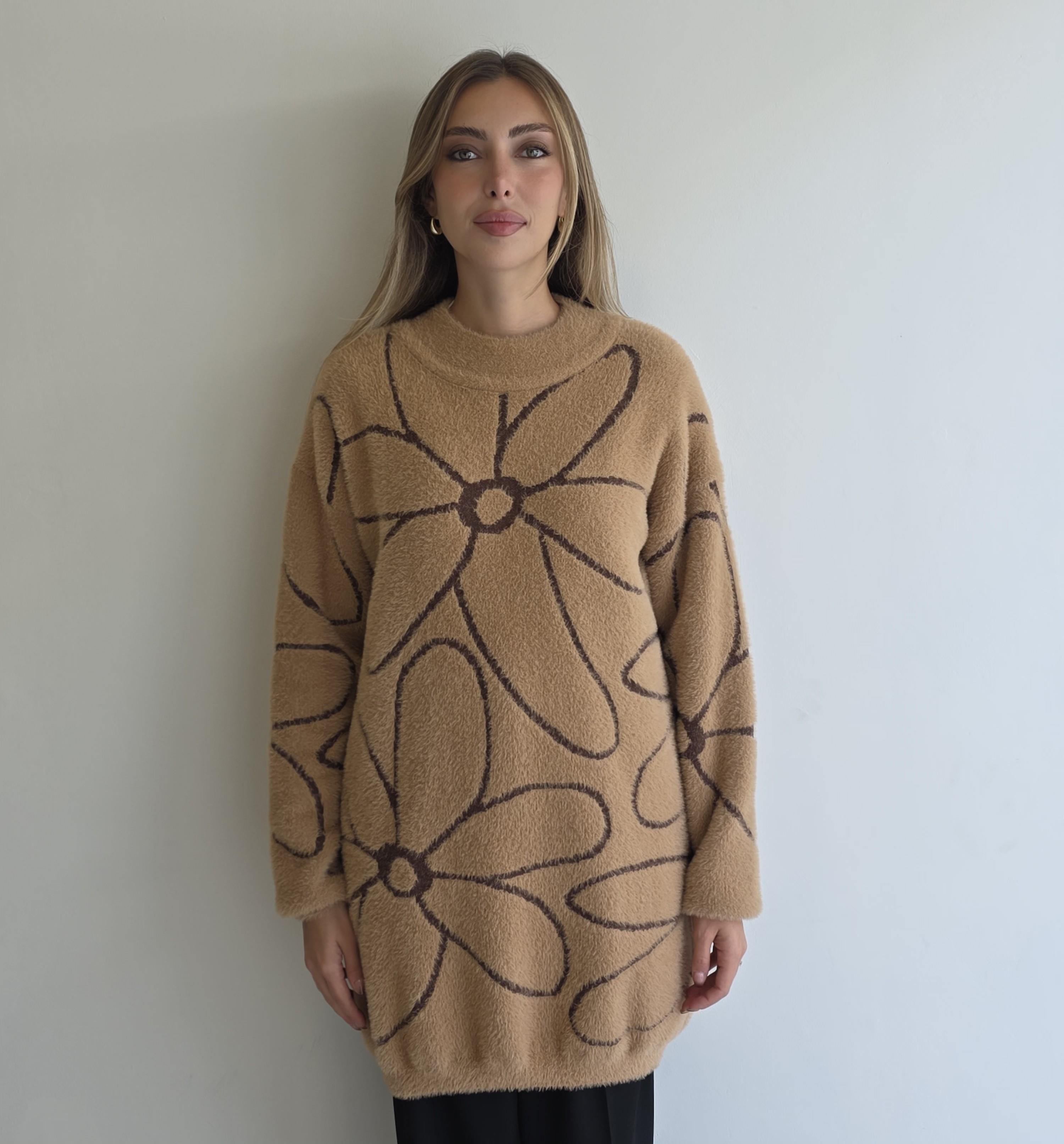 Camel Çiçek Baskılı Triko Tunik