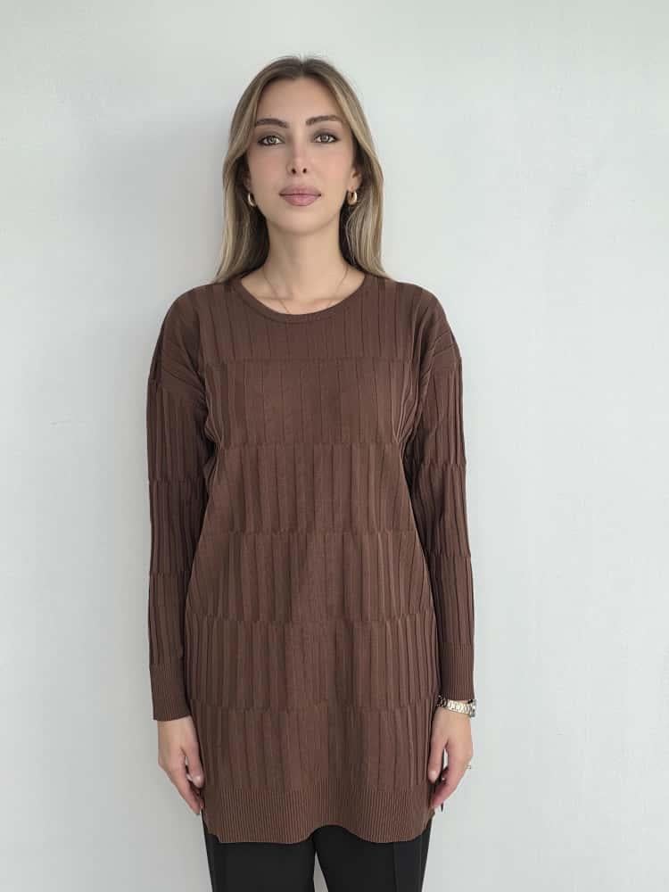 Kahverengi Kabartma Desenli Tunik