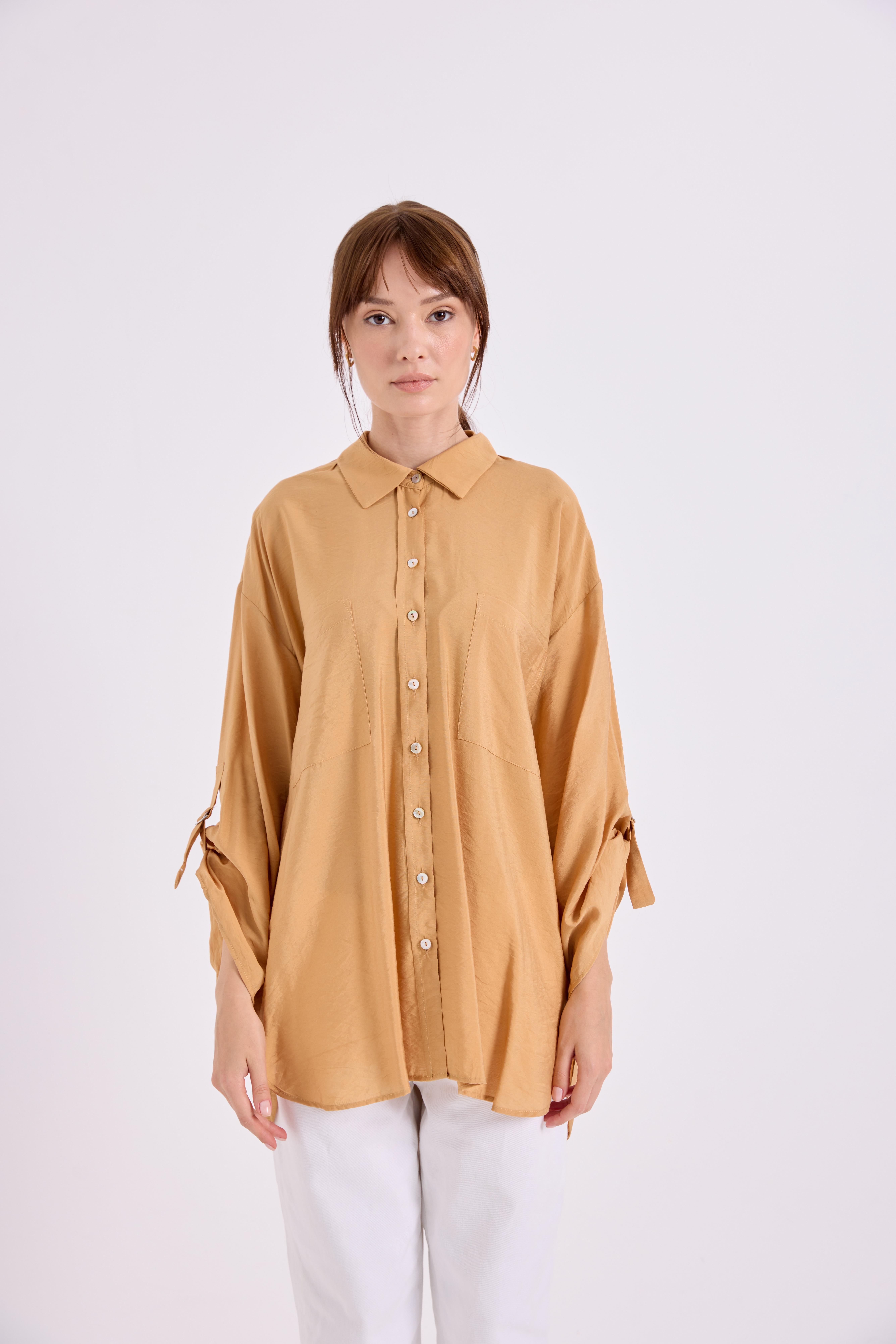 Camel Apolet Detaylı Oversize Gömlek