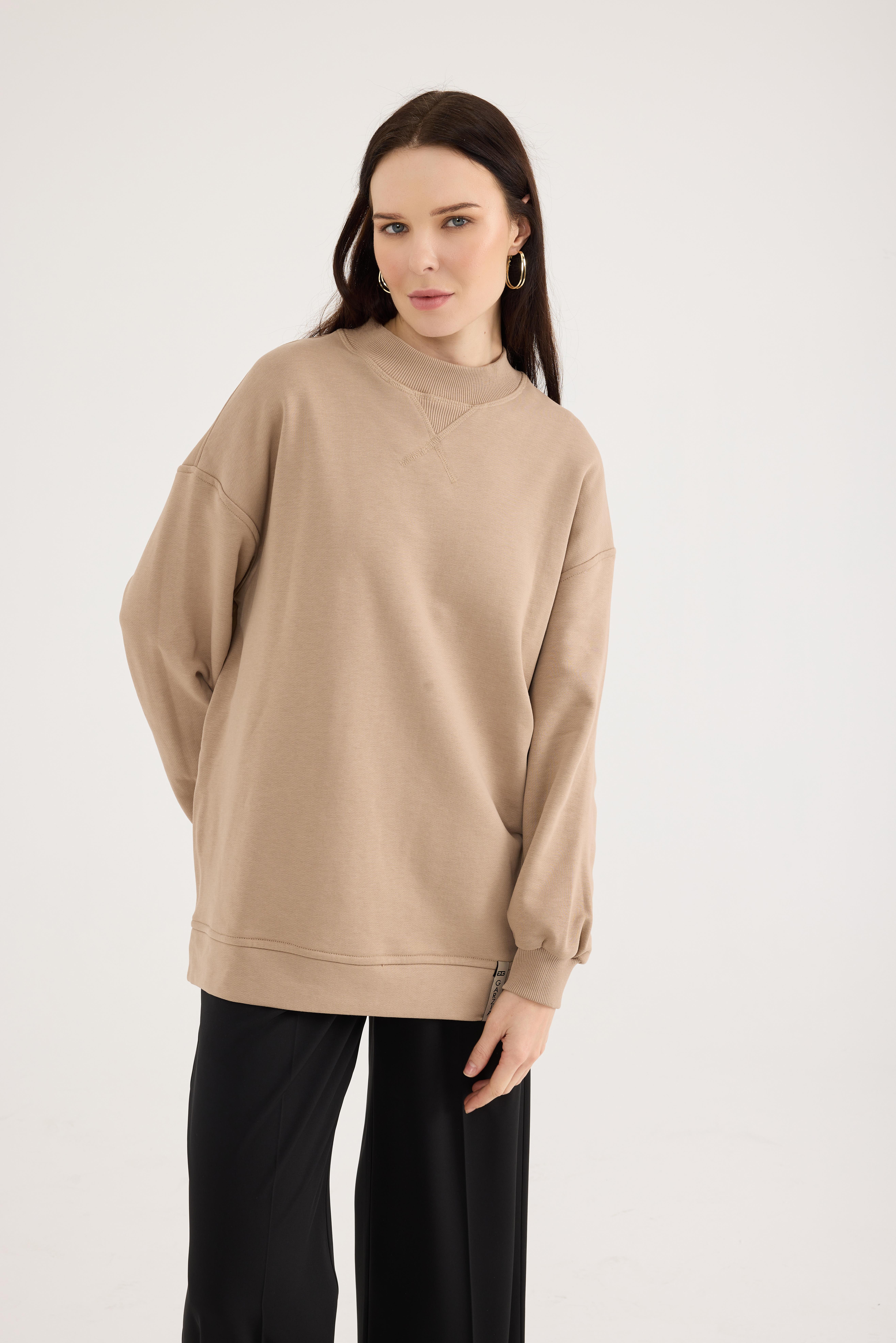 Camel Klasik Kesim Ribana Detaylı Sweat