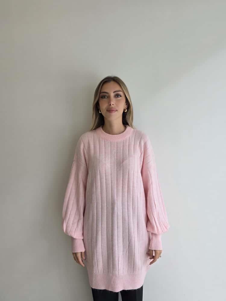 Pembe Çizgi Desenli Triko Tunik