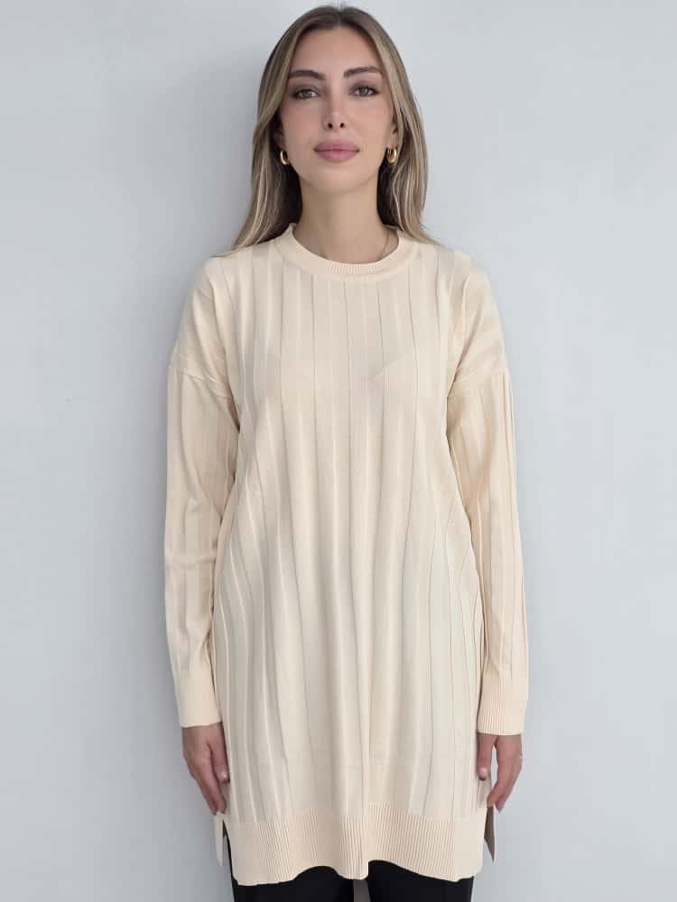 Bej Çizgi Baskılı Tunik