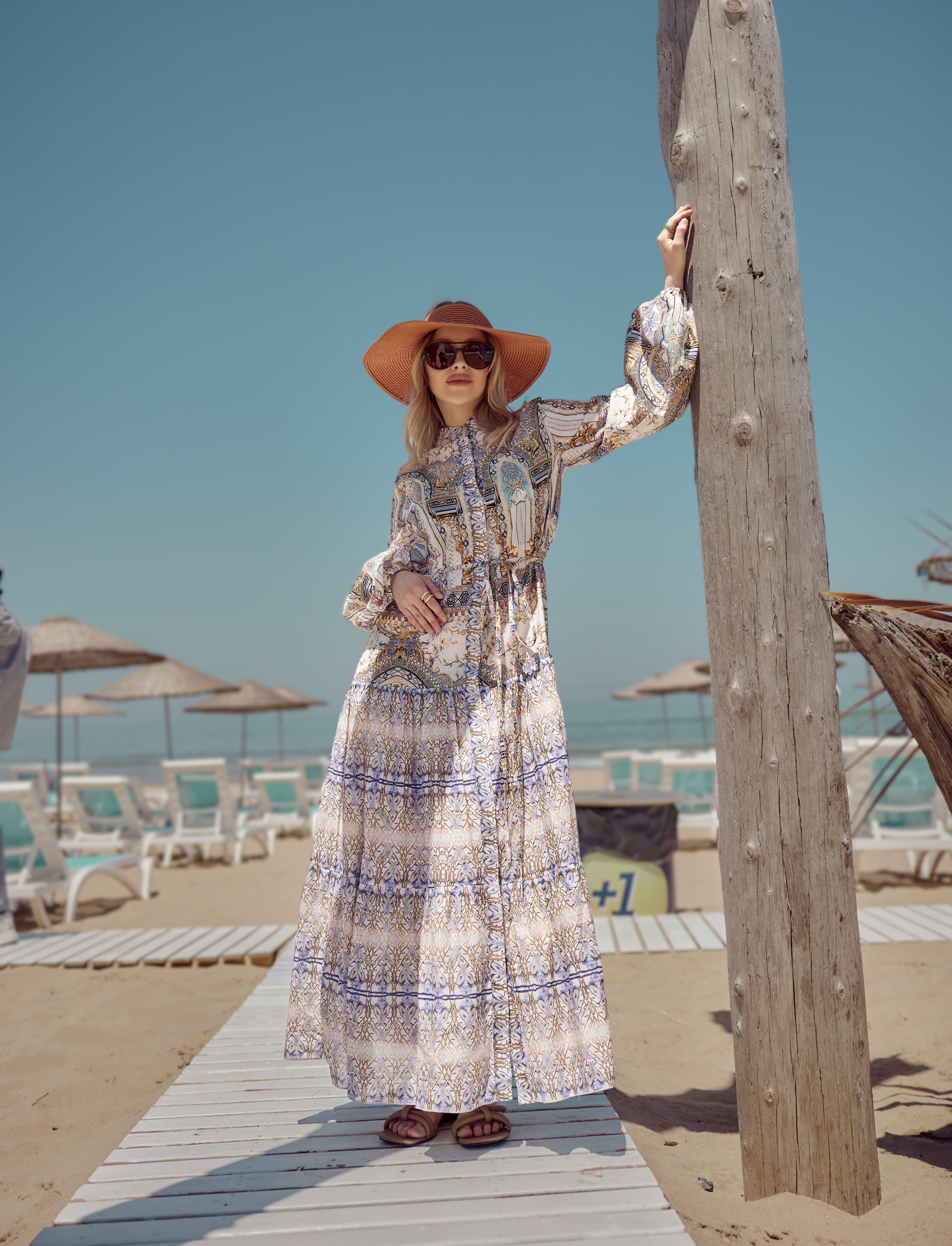 Desenli Bel Bağcıklı Vual  Elbise