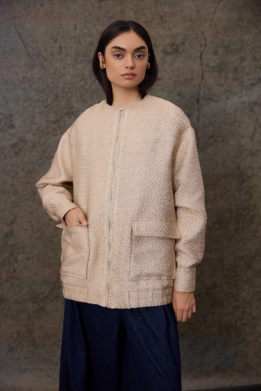 Bej Parlak Jakar Ceket
