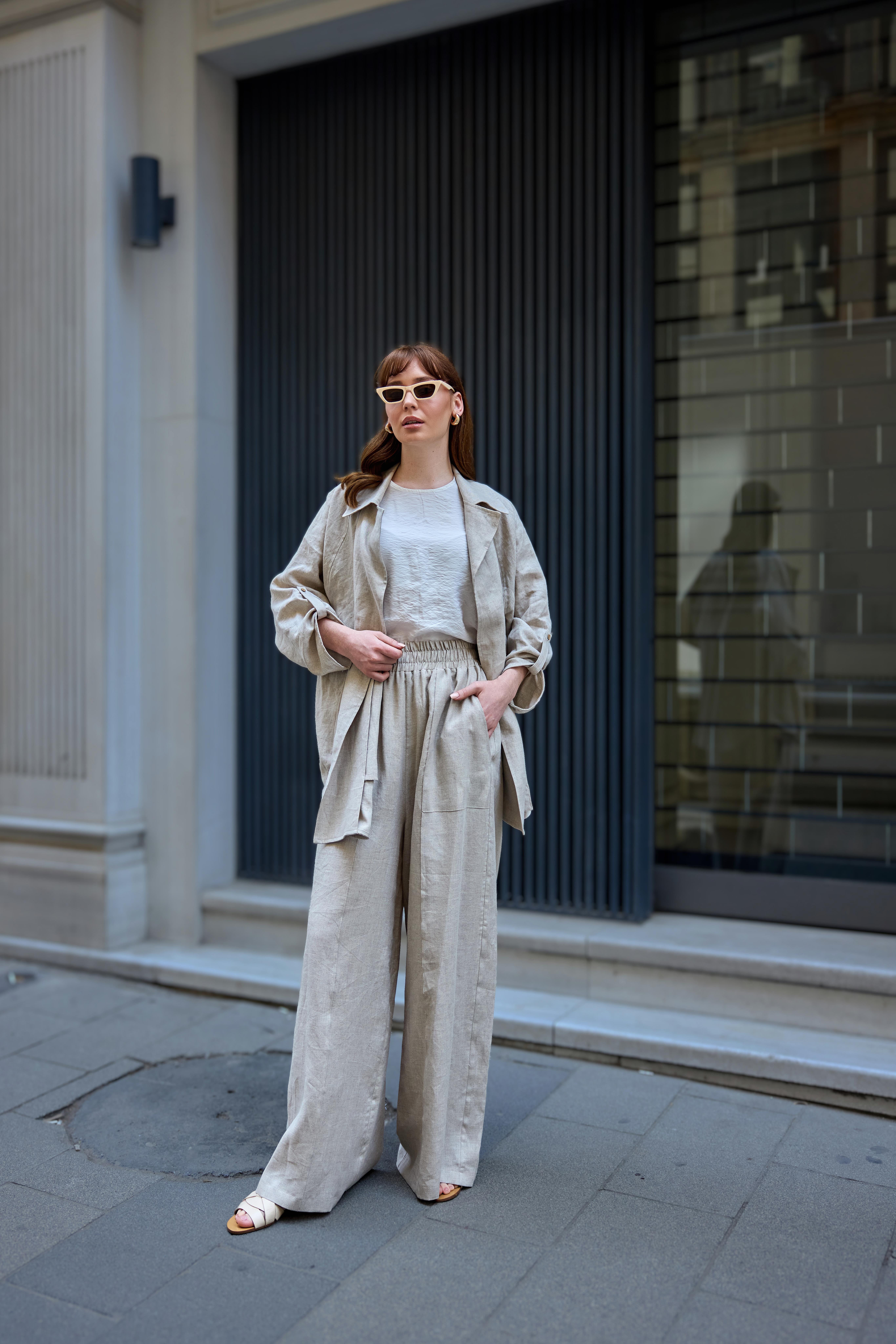 Taş Takma Cepli Keten Bol Paça Pantolon