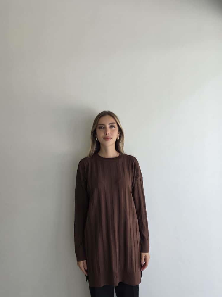 Kahverengi Çizgi Baskılı Tunik