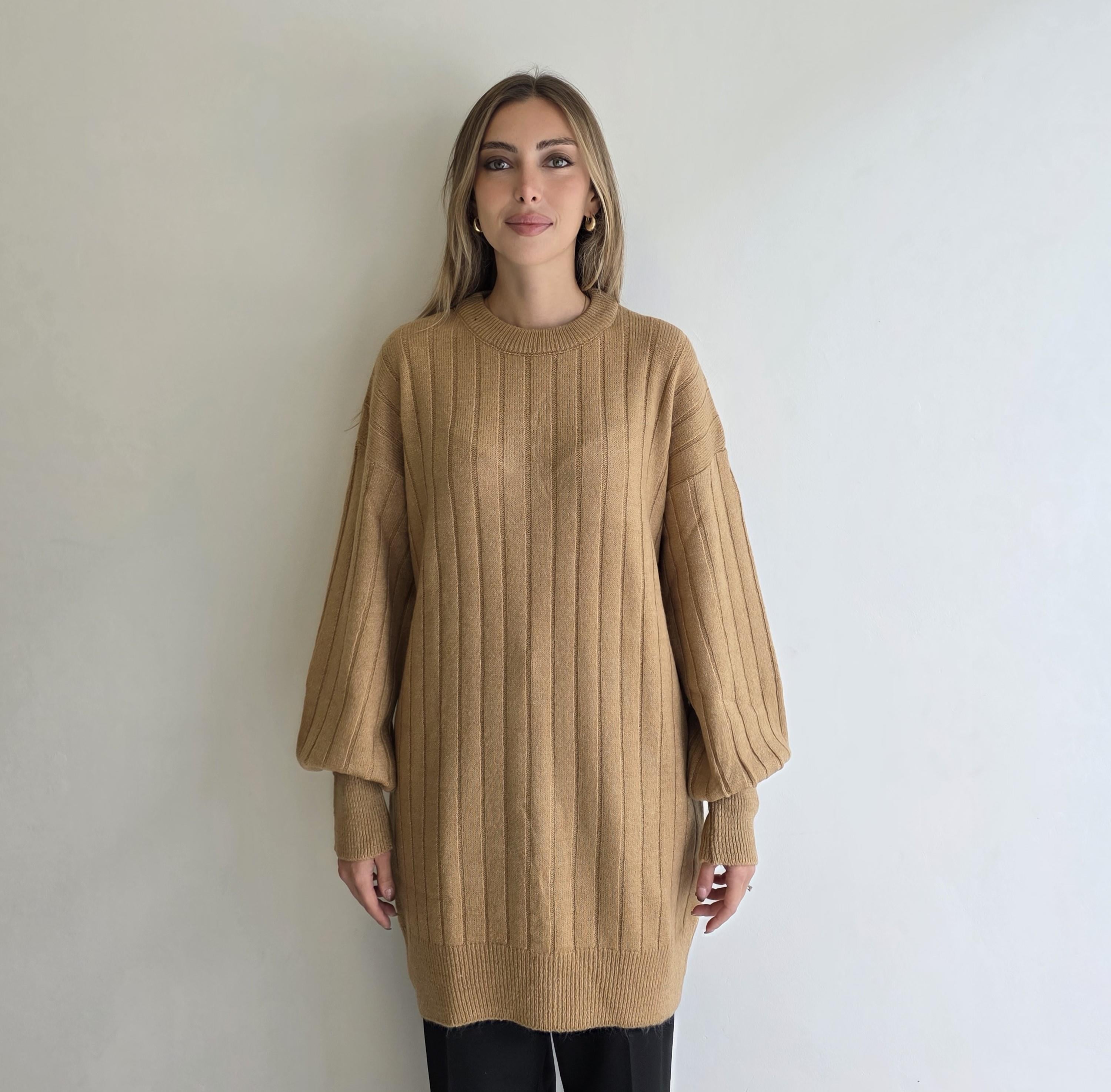 Camel Çizgi Desenli Triko Tunik