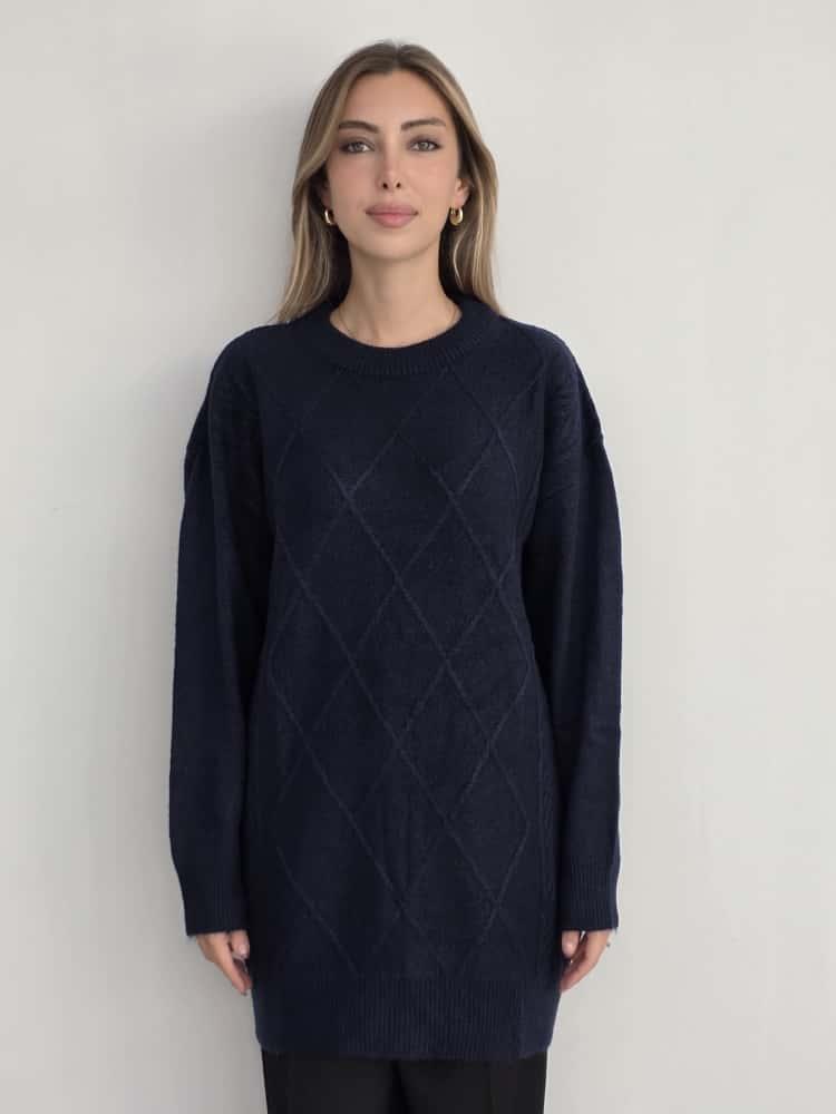 Lacivert Baklava Desenli Triko Tunik