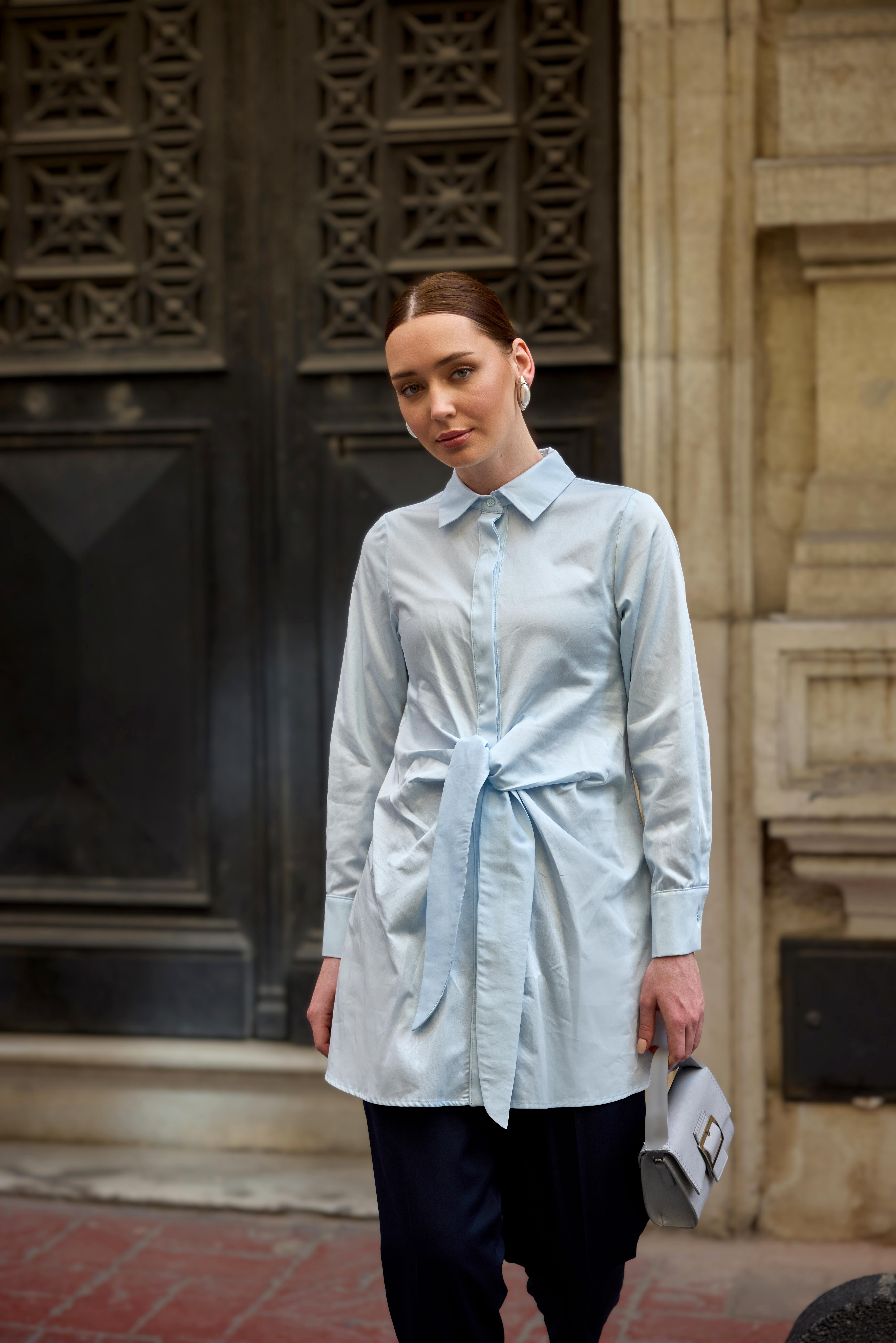 Açık Mavi Bağlamalı Poplin Gömlek