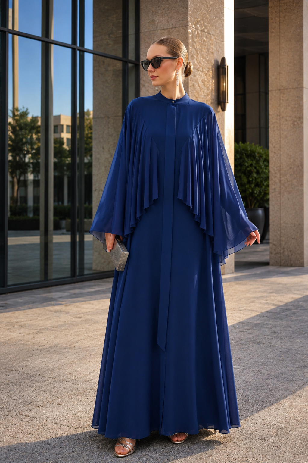 Lacivert Omuz Pileli Şifon Abaya