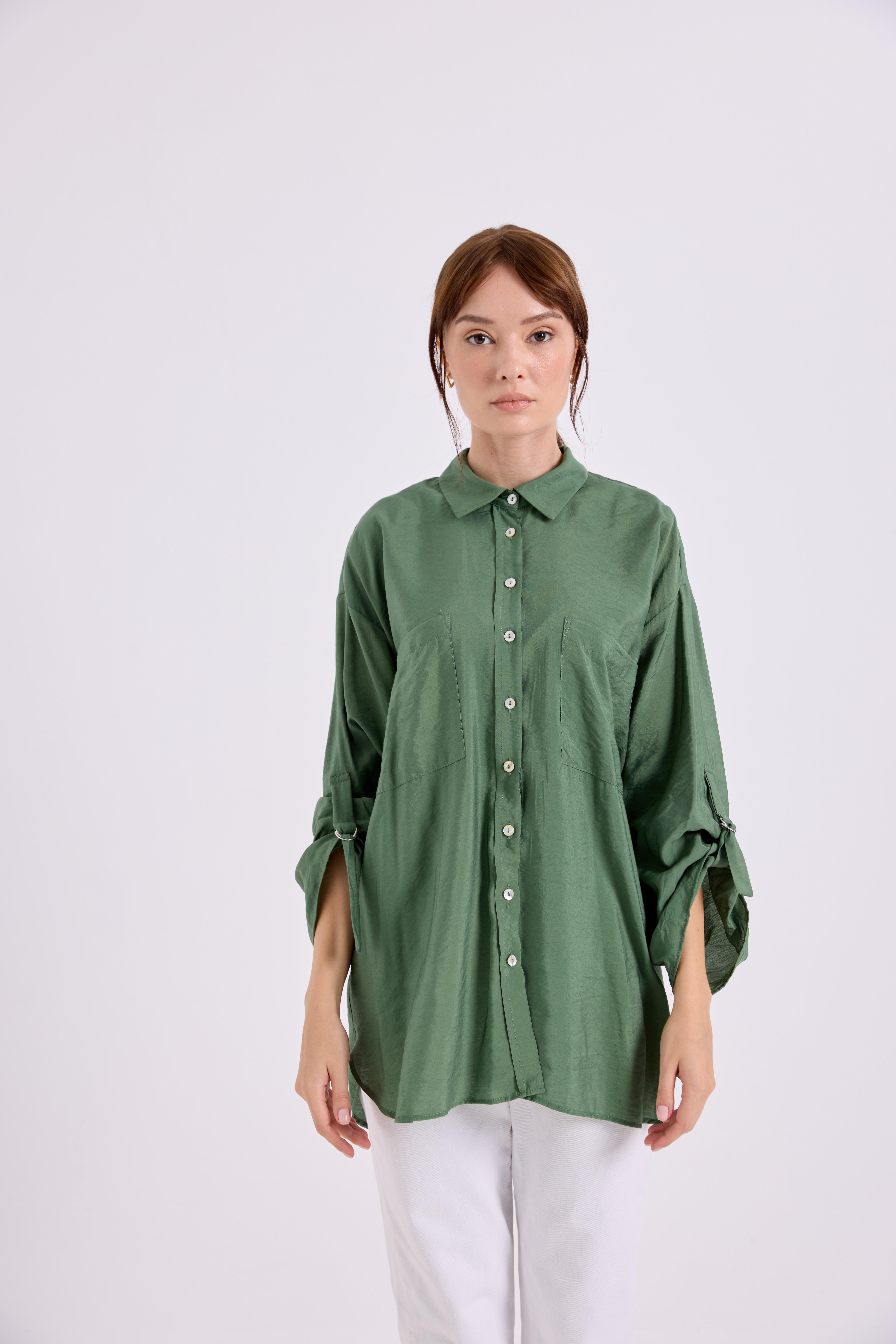 Yeşil Apolet Detaylı Oversize Gömlek