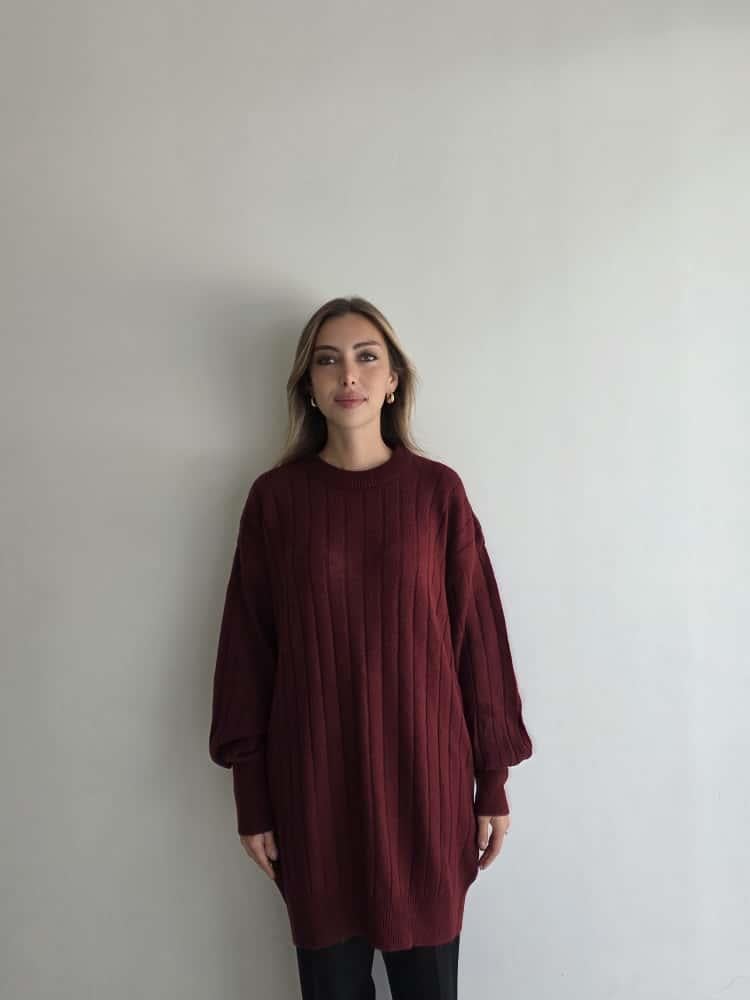Bordo Çizgi Desenli triko tunik