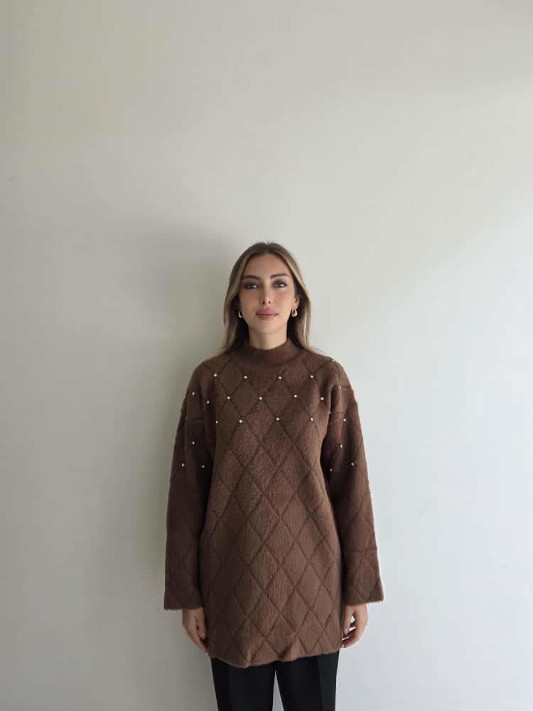 Kahverengi Taşlı Triko Tunik