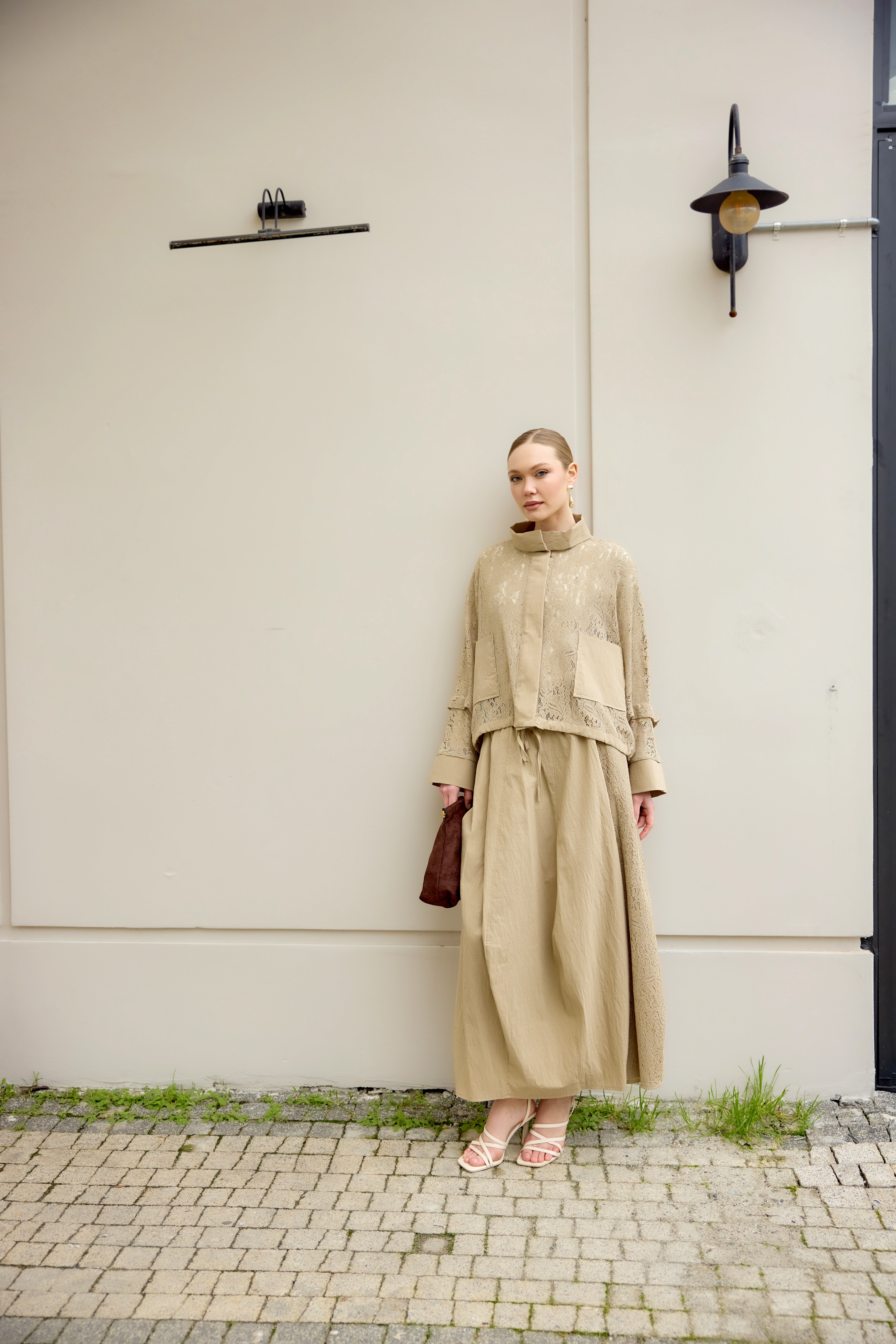 Haki Dantelli Etek Takım