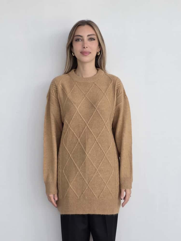 Camel Baklava Desenli Triko Tunik