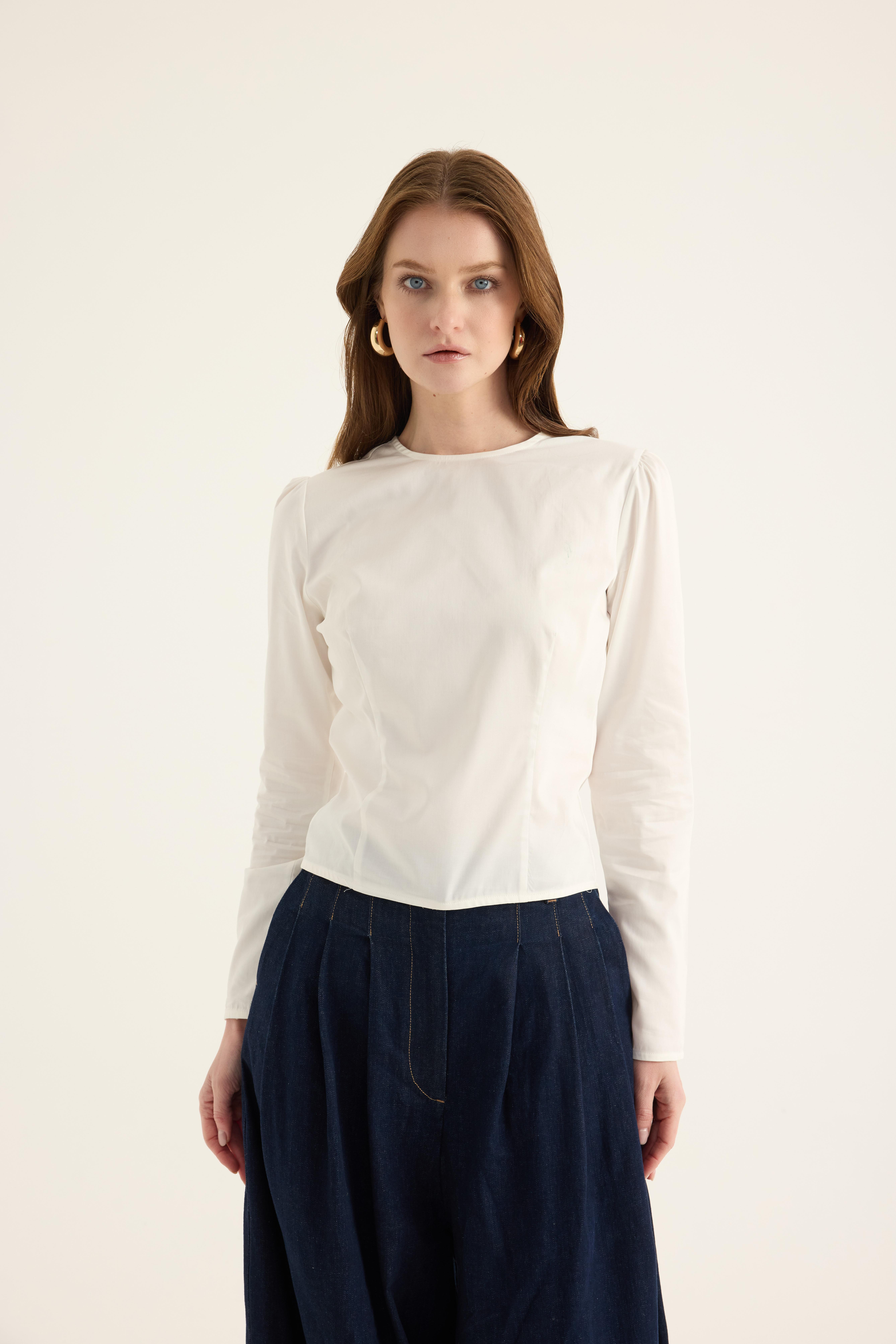 Beyaz Fermuar Detaylı Bluz