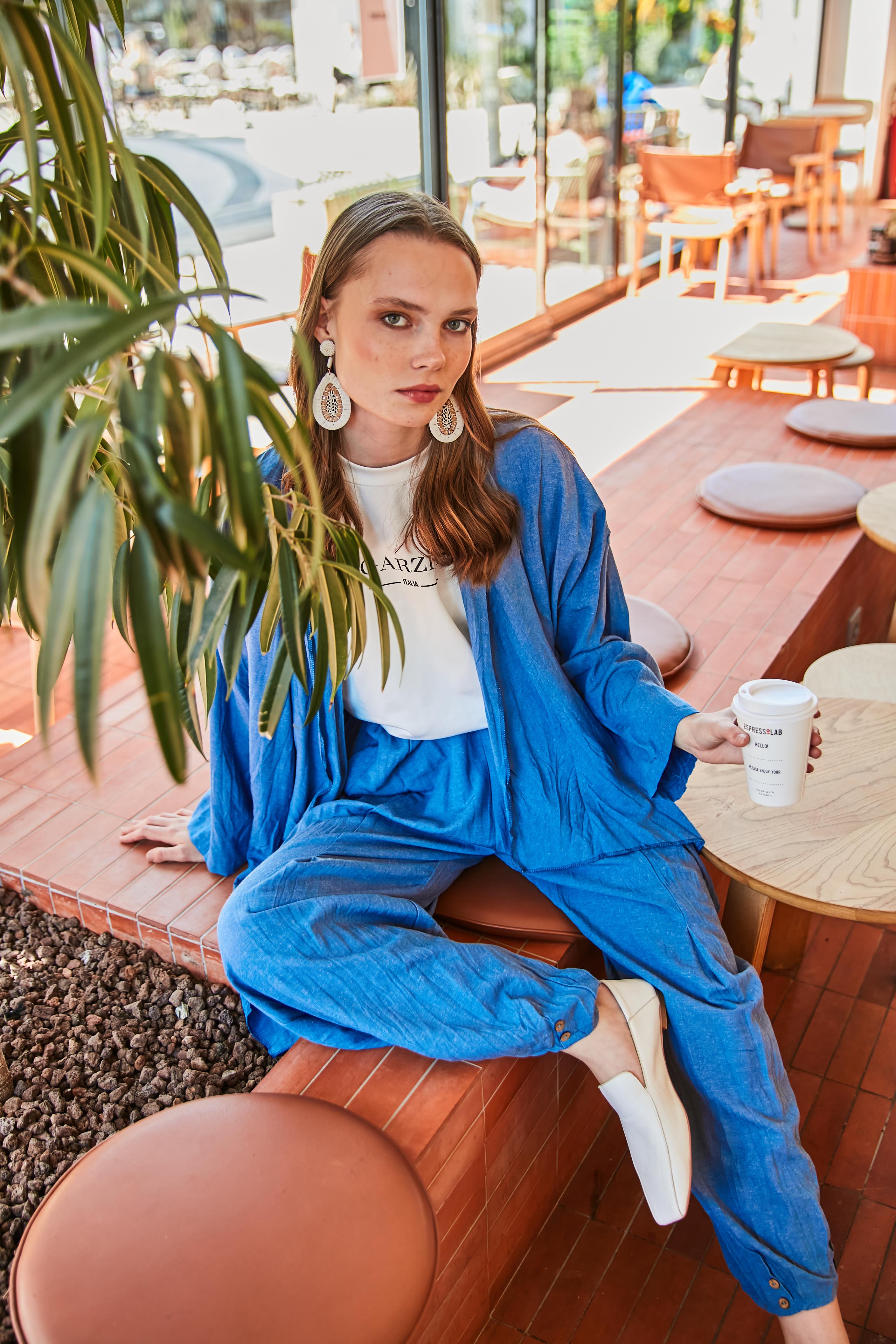 İndigo Şal Yaka  Keten Takım