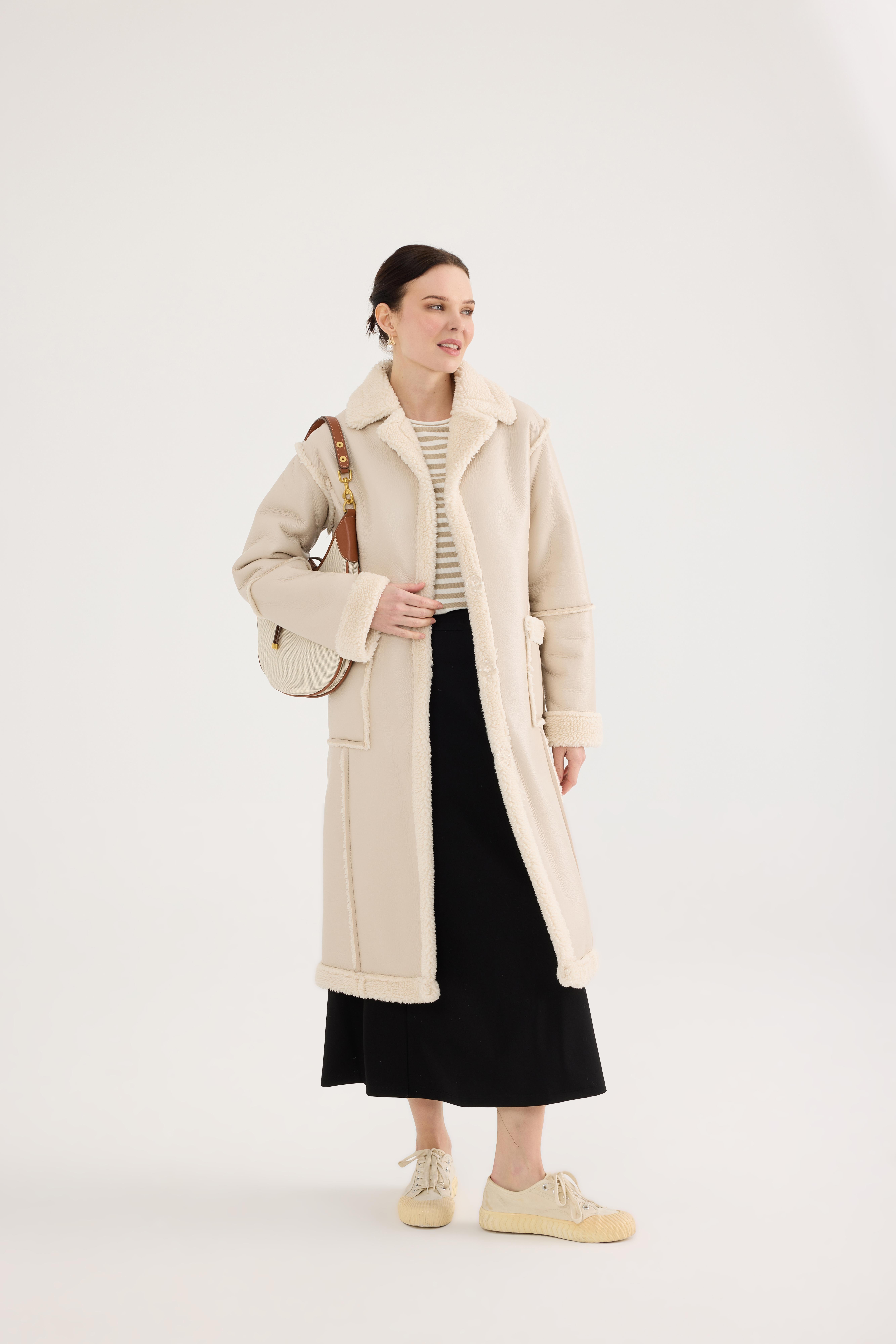 Ekru Suni Deri Yünlü Uzun Dikiş Detaylı Kaban