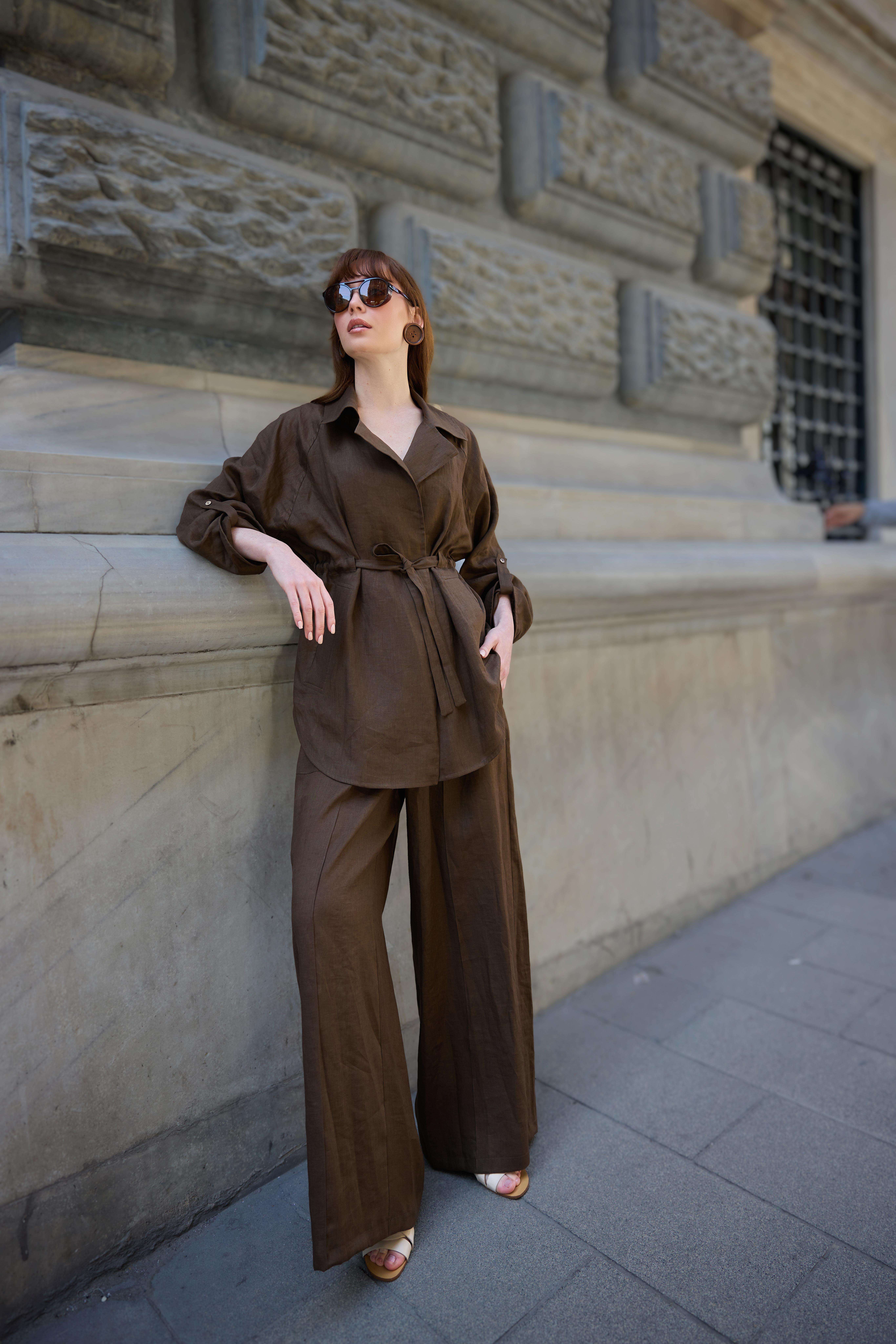 Kahverengi Takma Cepli Keten Bol Paça Pantolon