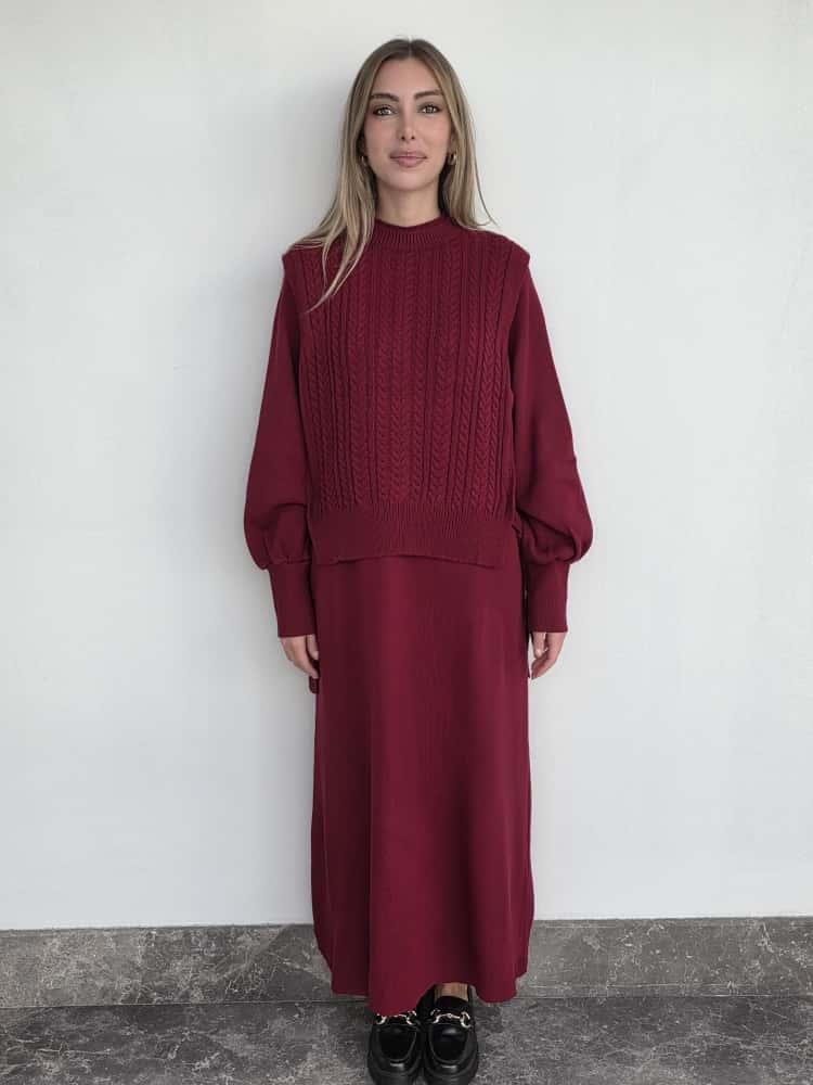 Bordo İkili Triko Elbise