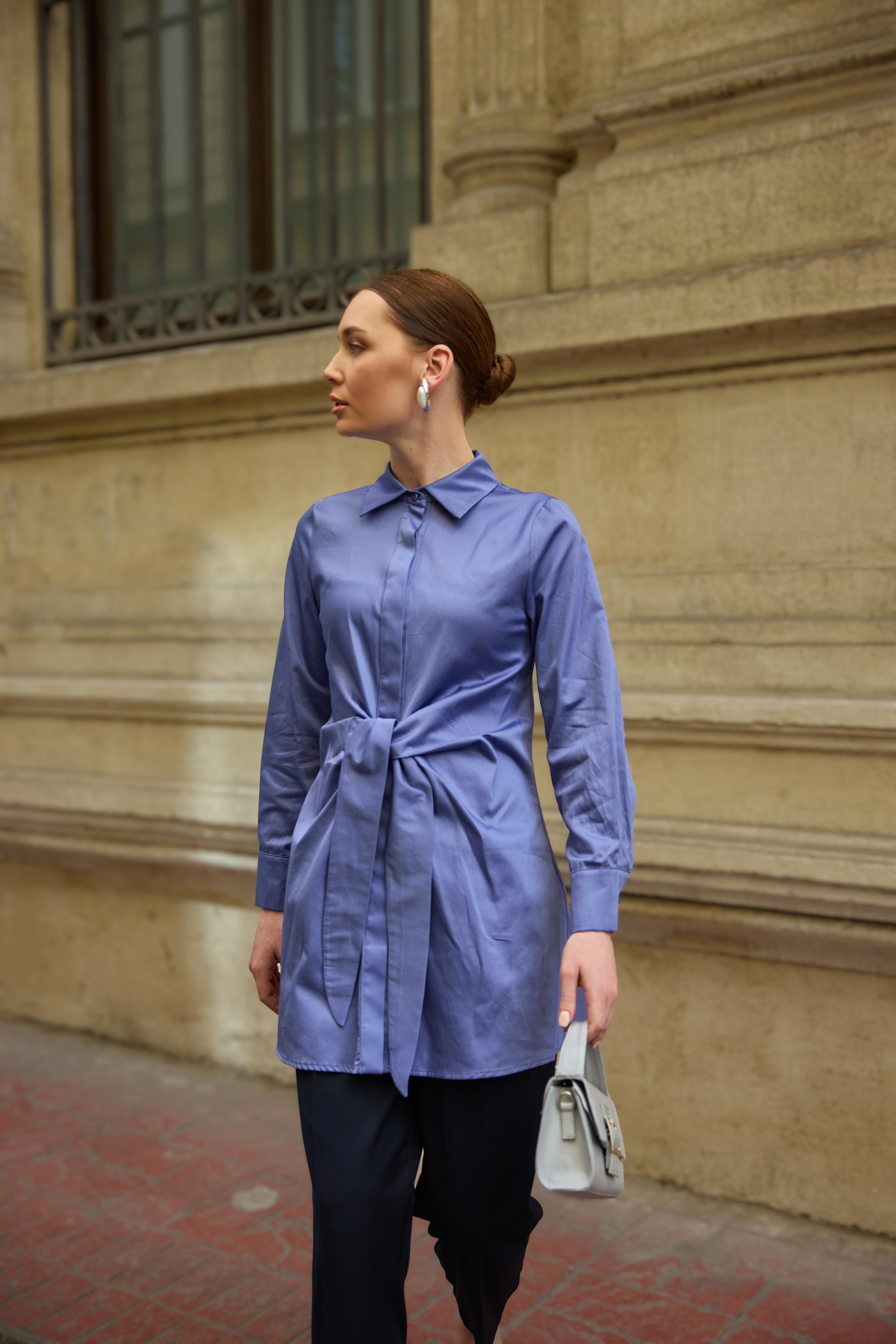 İndigo Bağlamalı Poplin Gömlek