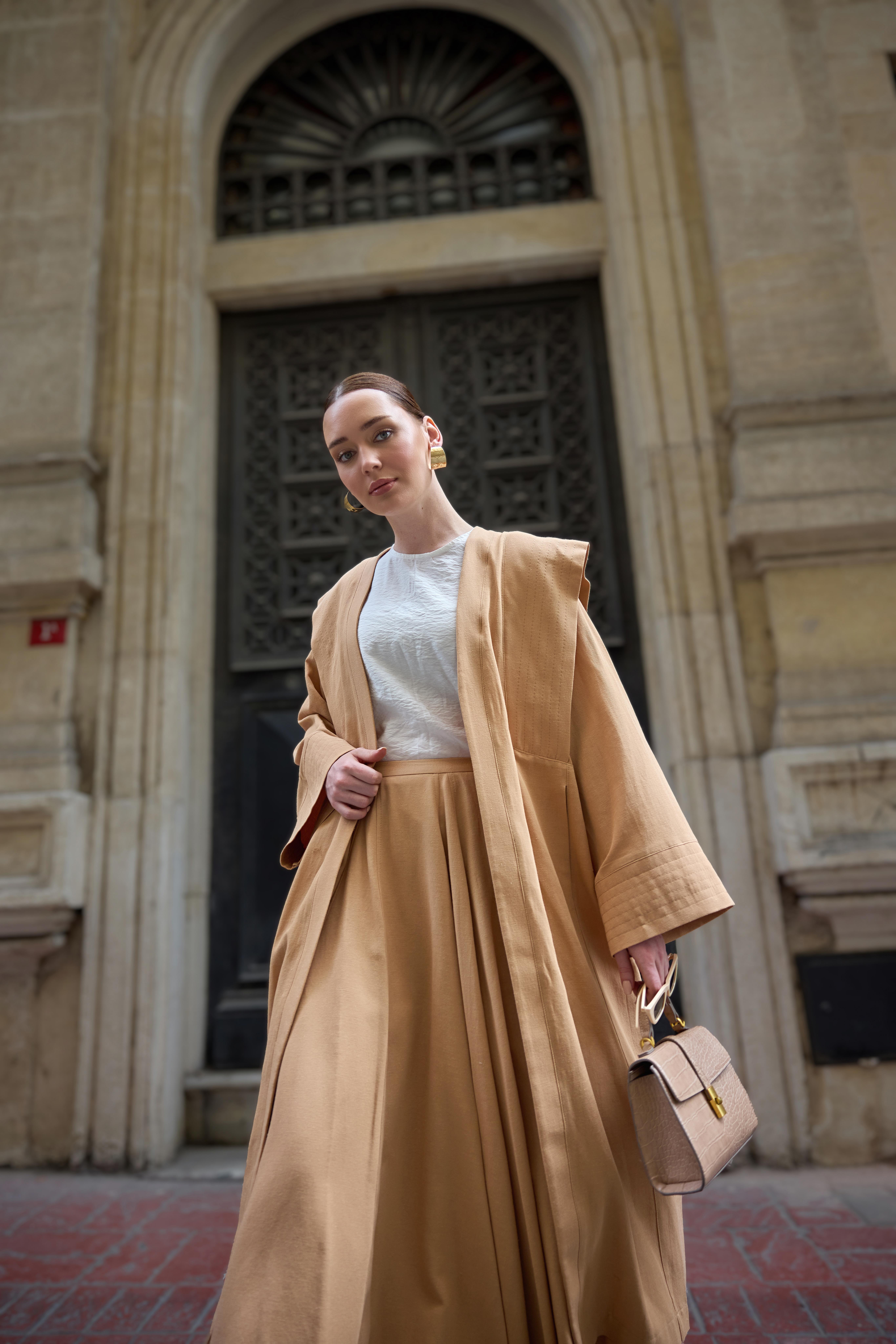 Camel Omuz Dikiş Detaylı Kemerli Keten Kap