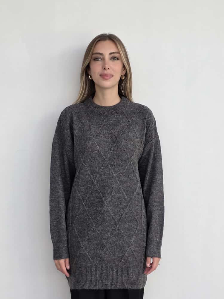 Antrasit Baklava Desenli Triko Tunik