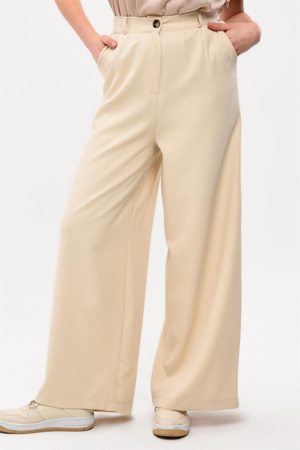EKRU DOUBLE PİLELİ CEPLİ  BOL PAÇA PANTOLON