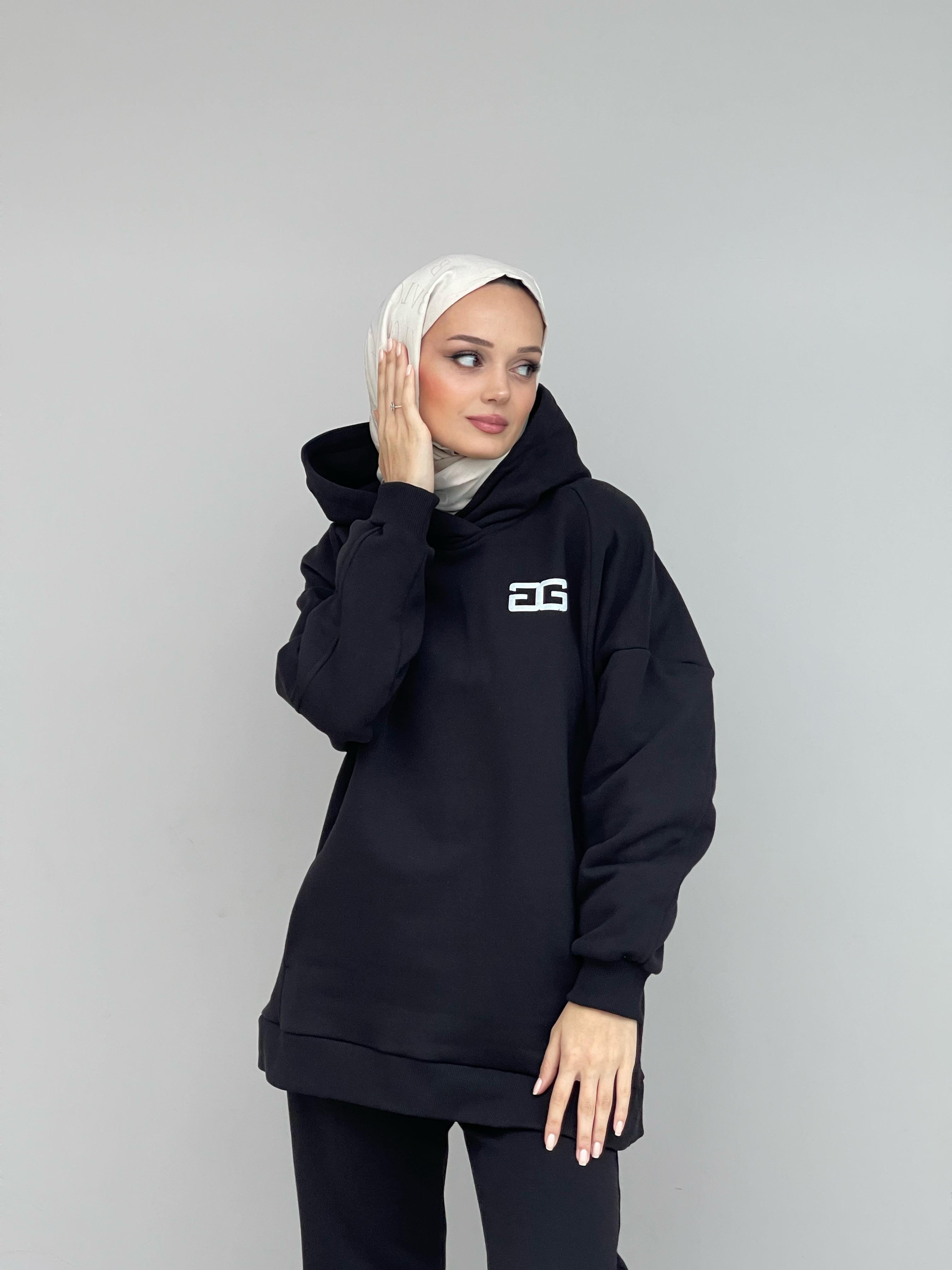 Siyah Kapüşonlu Kesik Detaylı  Sweat