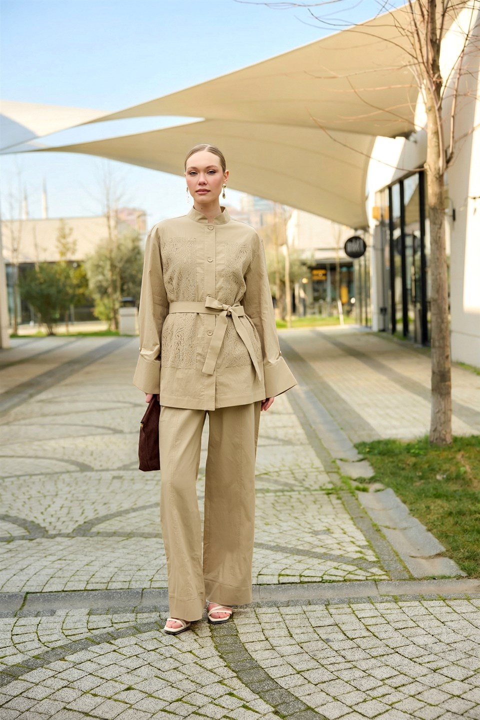 Haki Dantel Detaylı Pantolon Takım