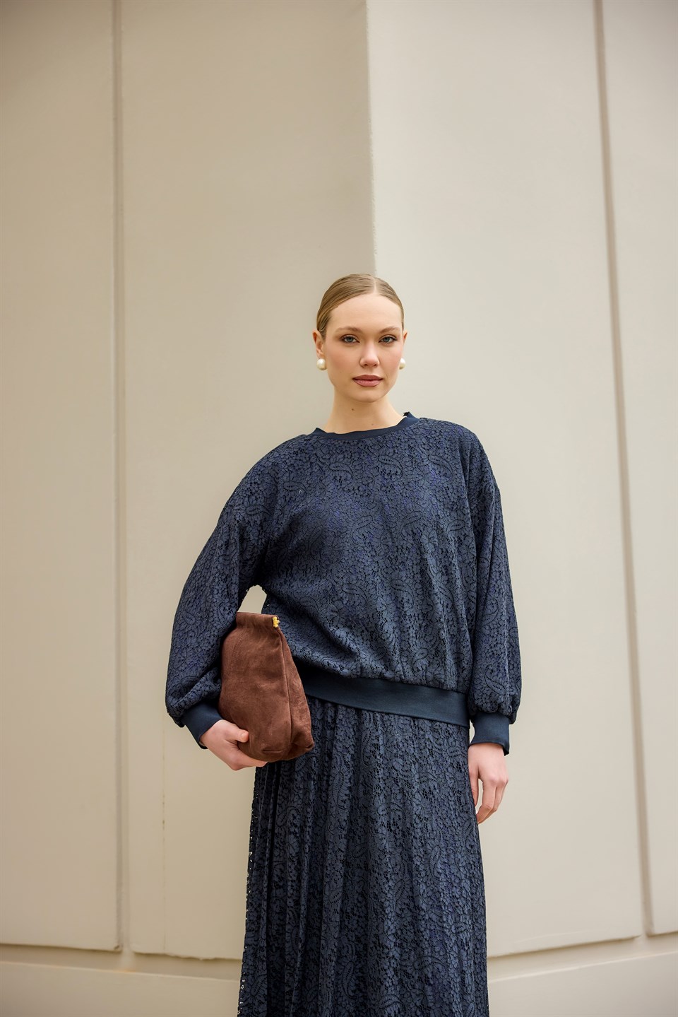 Lacivert Dantel Detaylı Pilise Etekli Takım