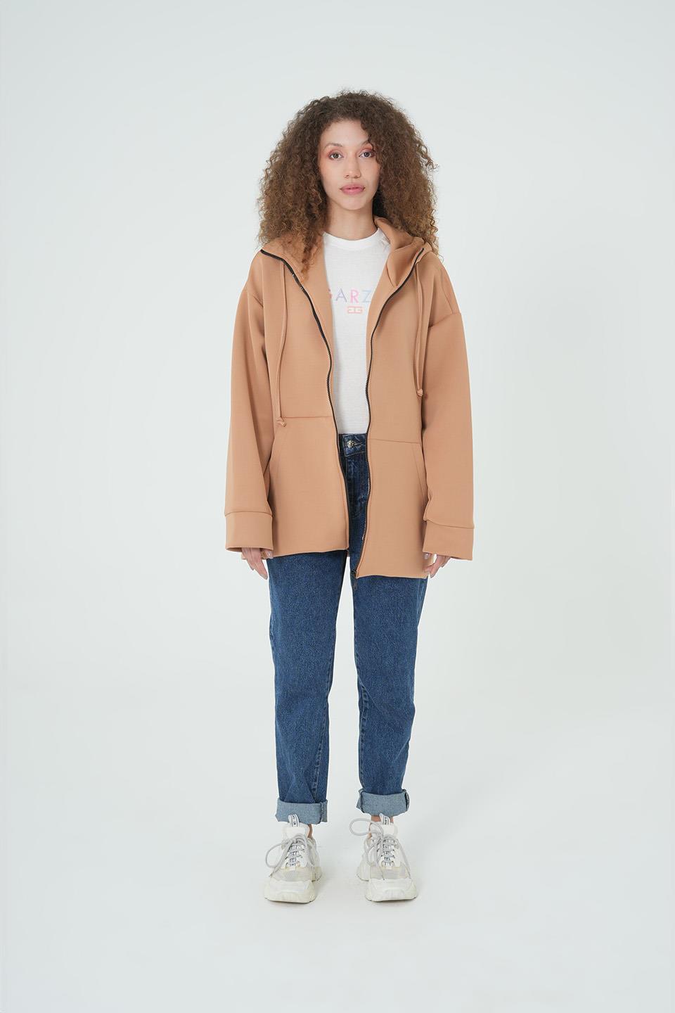CAMEL KAPÜŞONLU FERMUARLI OVERSİZE SWEATSHIRT