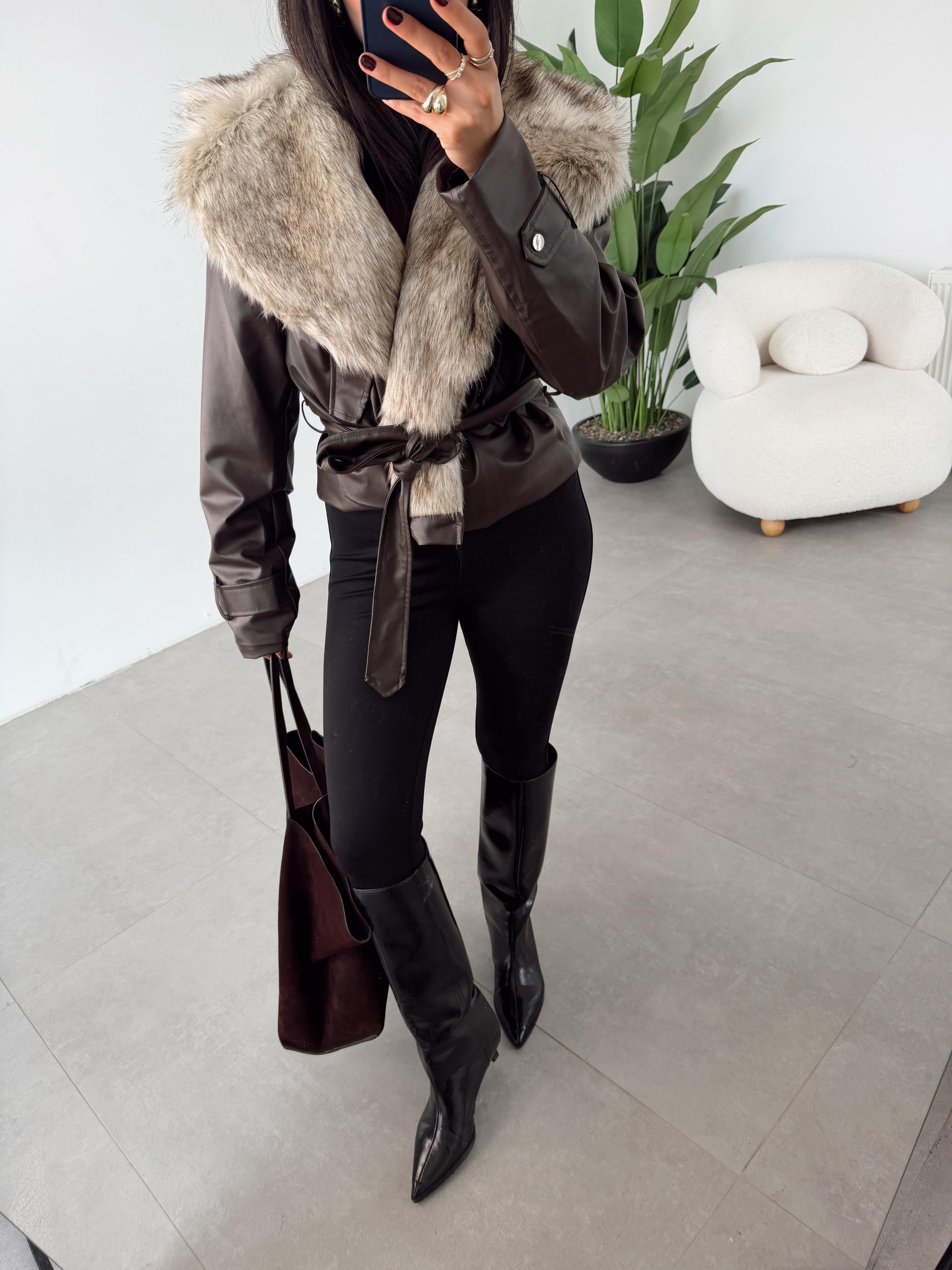 Acı Kahve Kürklü Deri Ceket