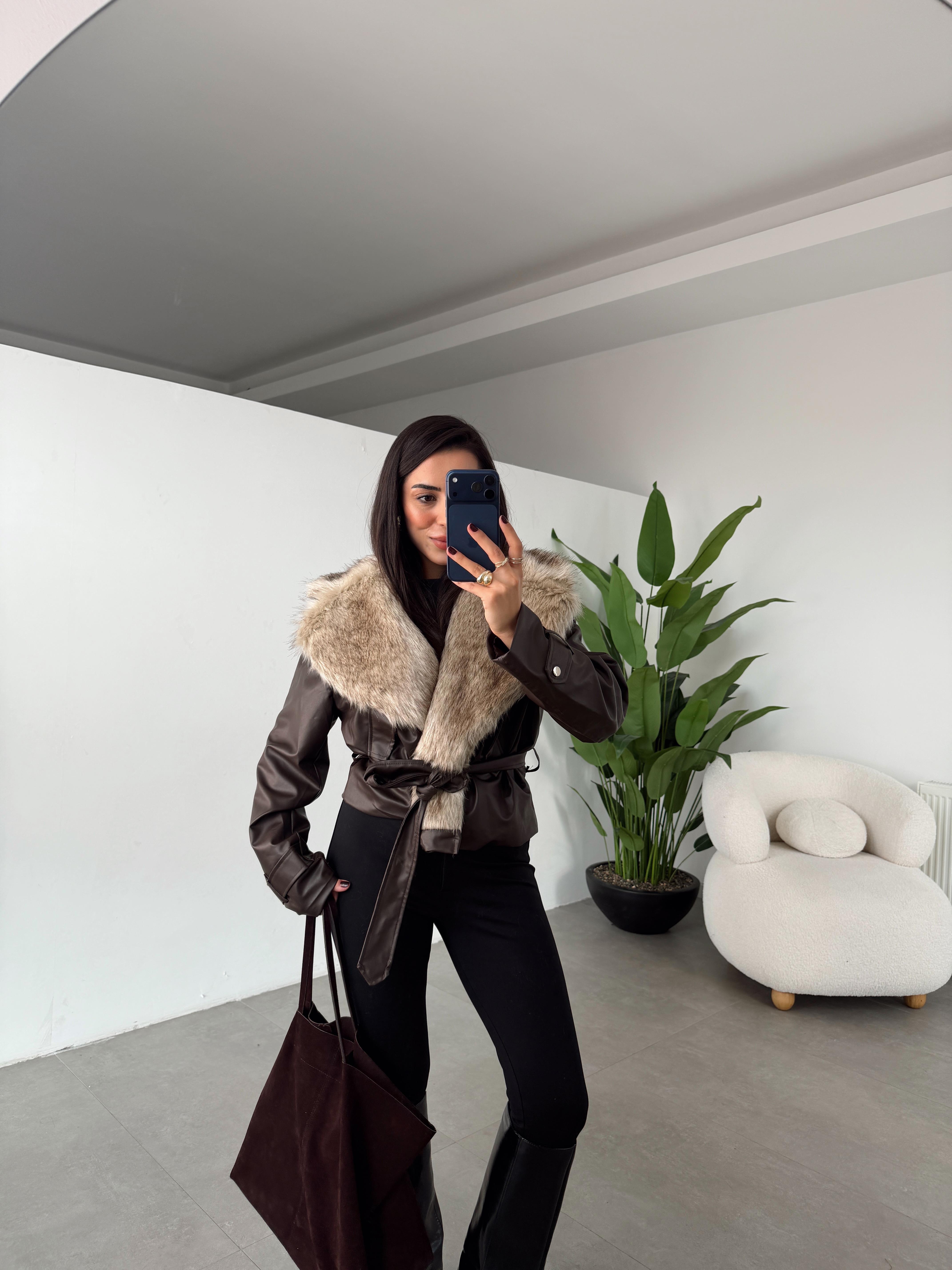 Acı Kahve Kürklü Deri Ceket