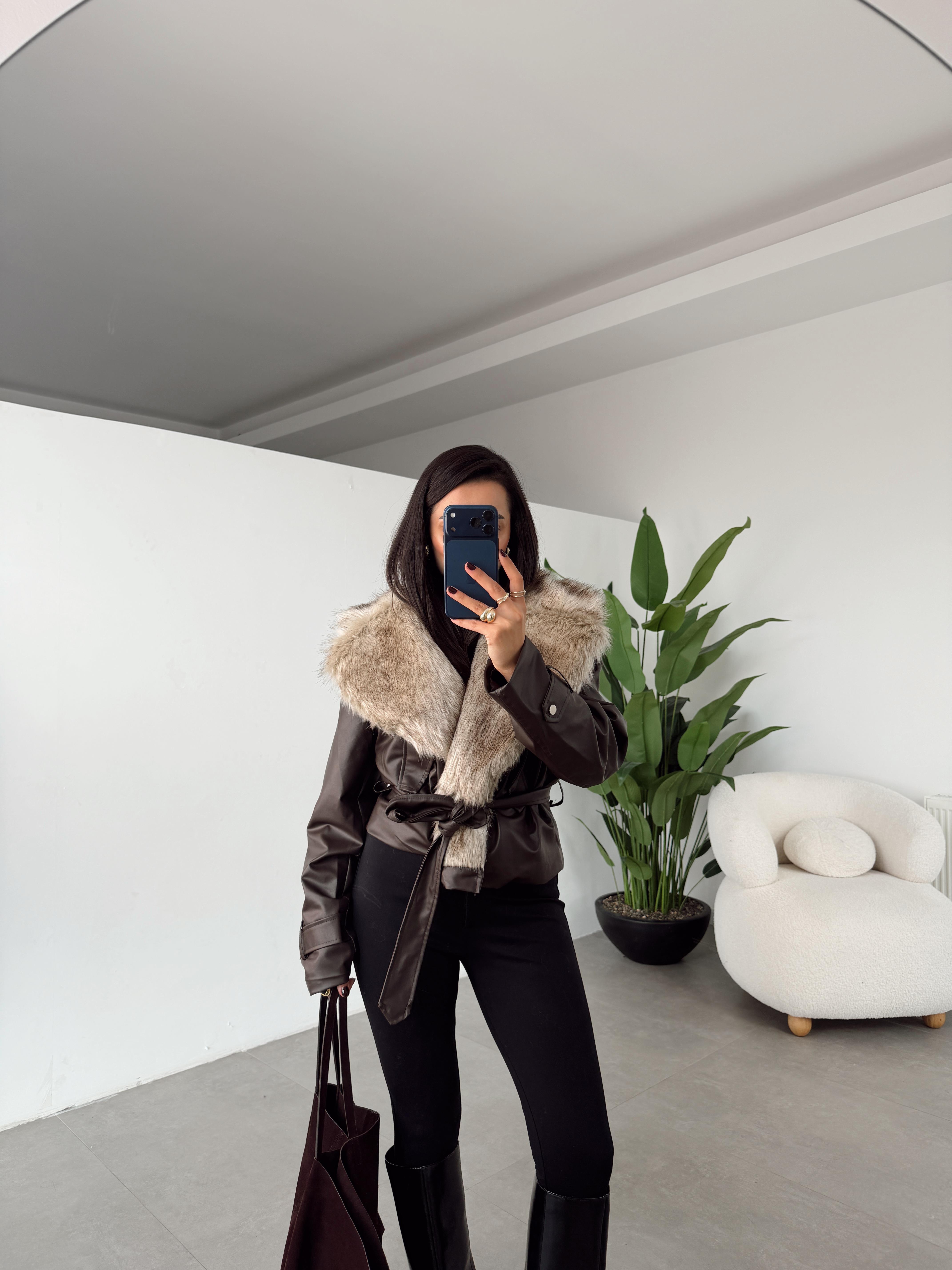 Acı Kahve Kürklü Deri Ceket