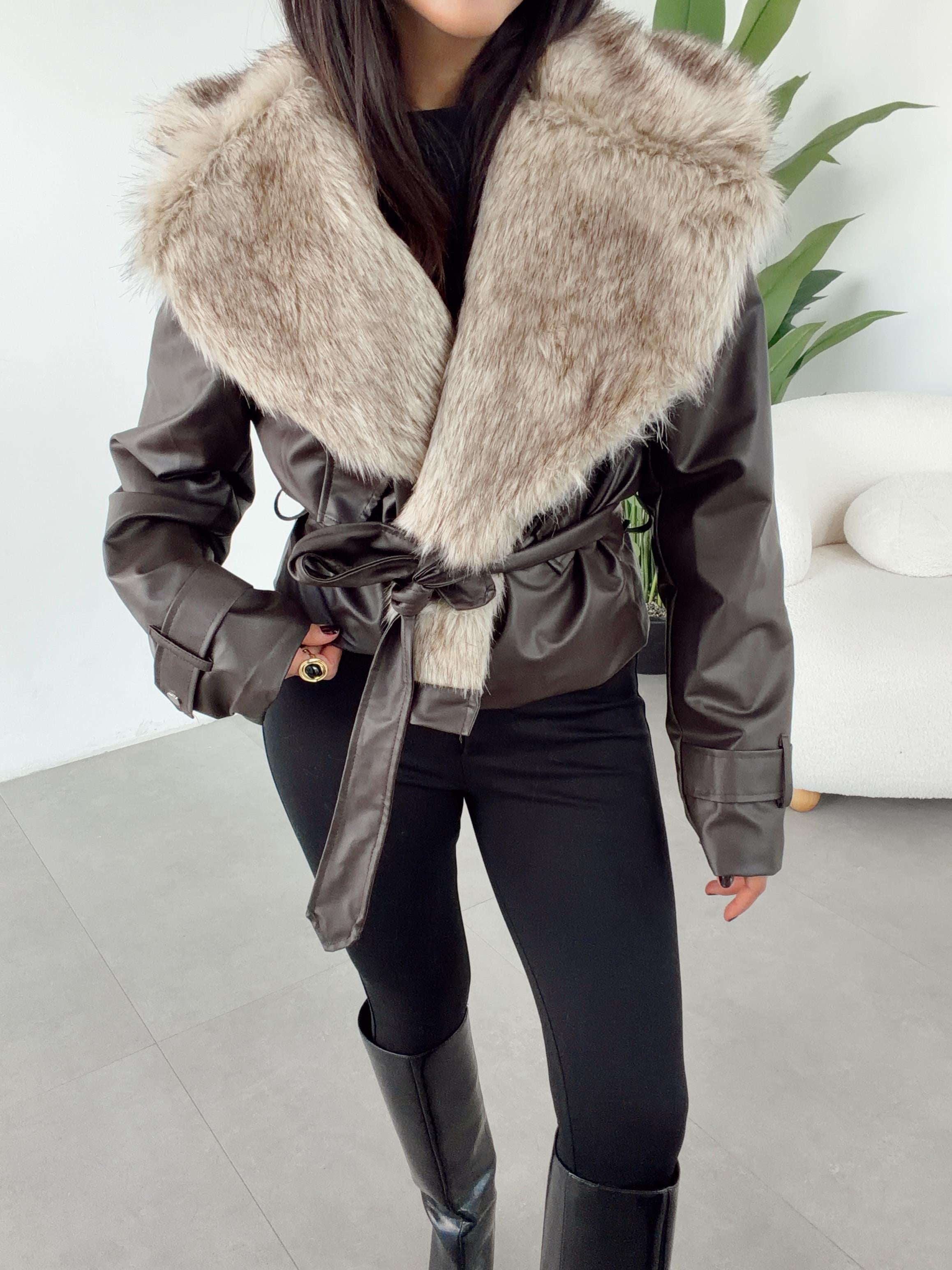 Acı Kahve Kürklü Deri Ceket