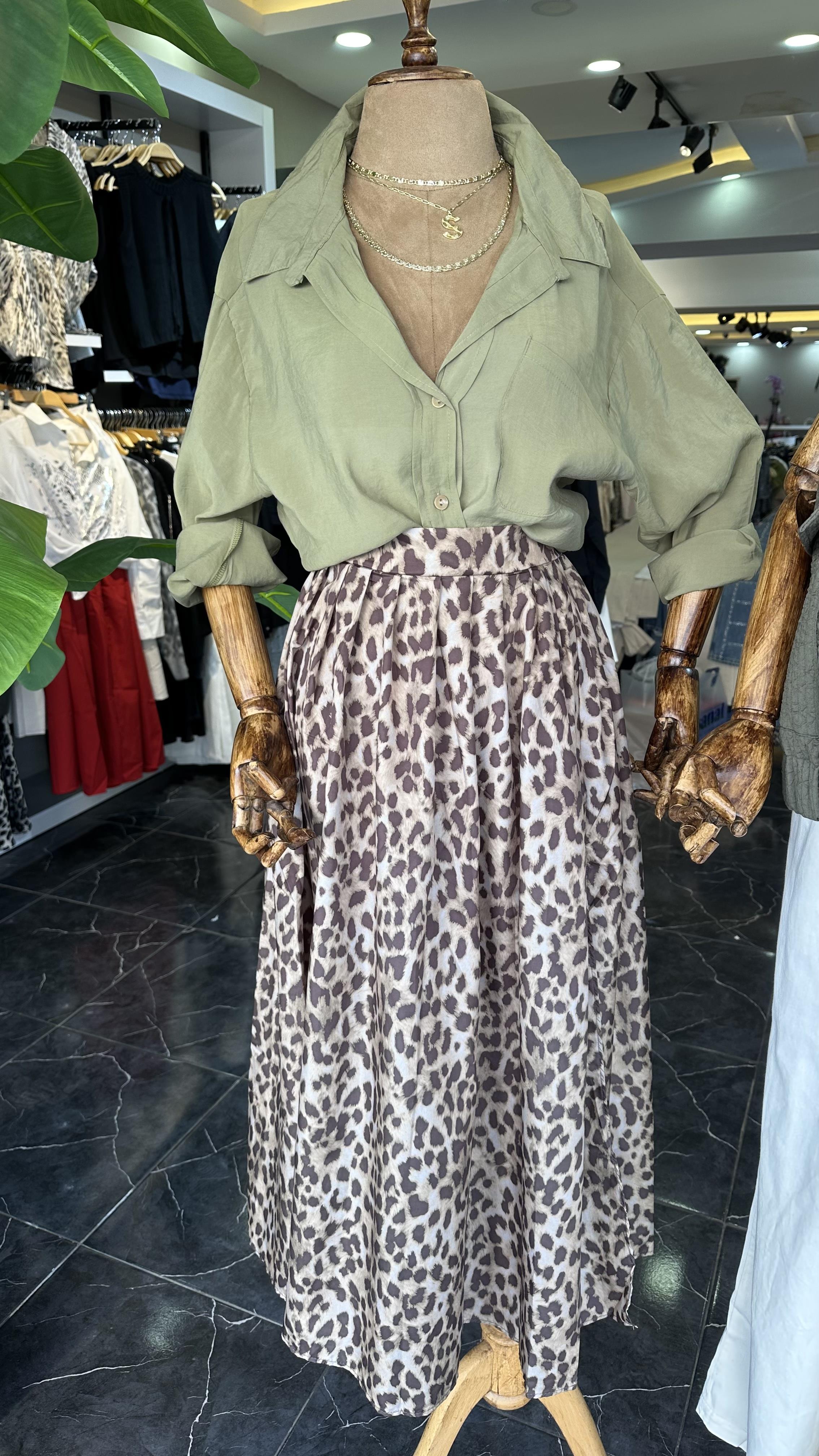 Açık Kahve Leopar Yırtaçlı Etek