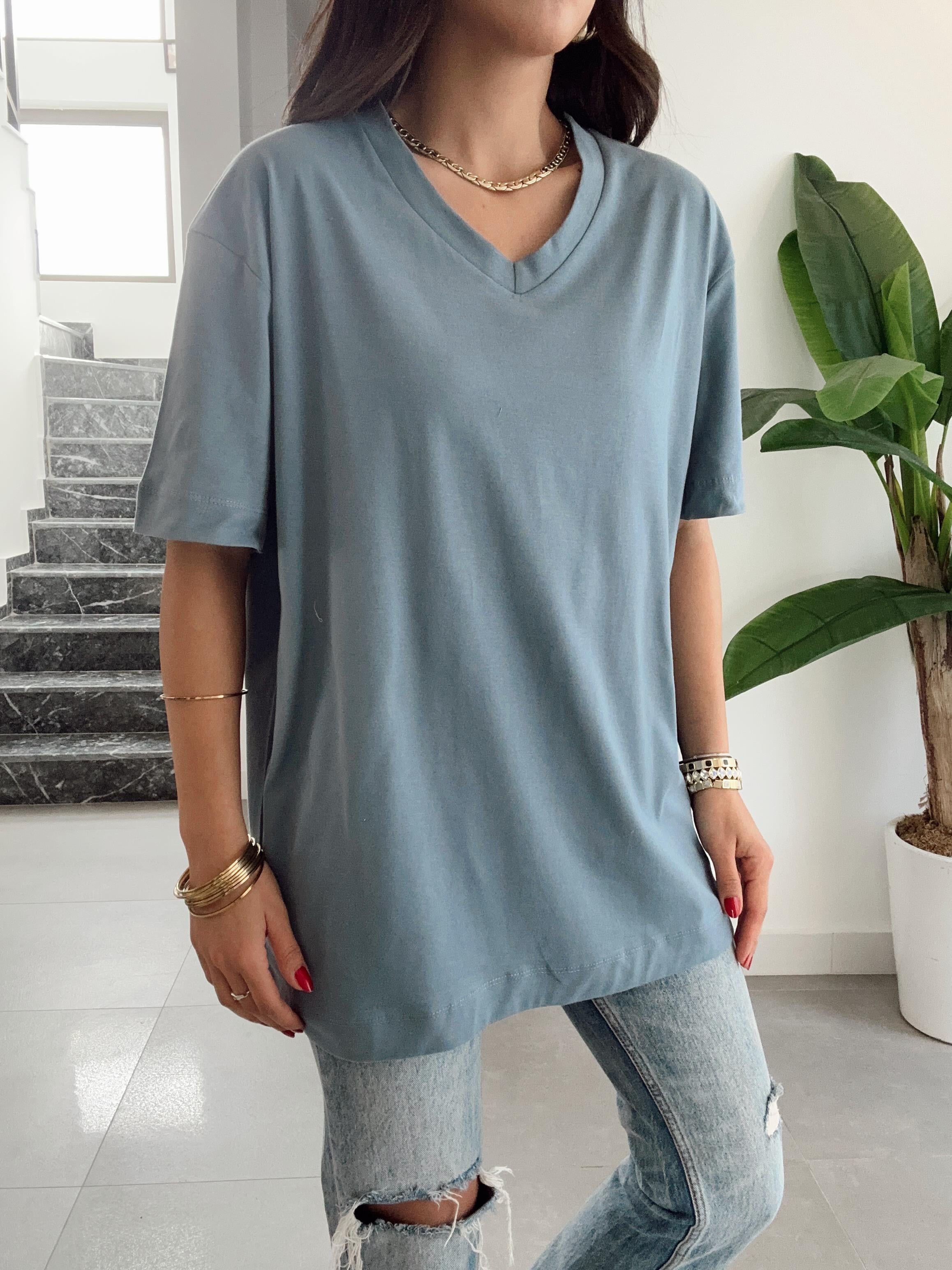 Açık Mavi V Yaka Oversize Tshirt
