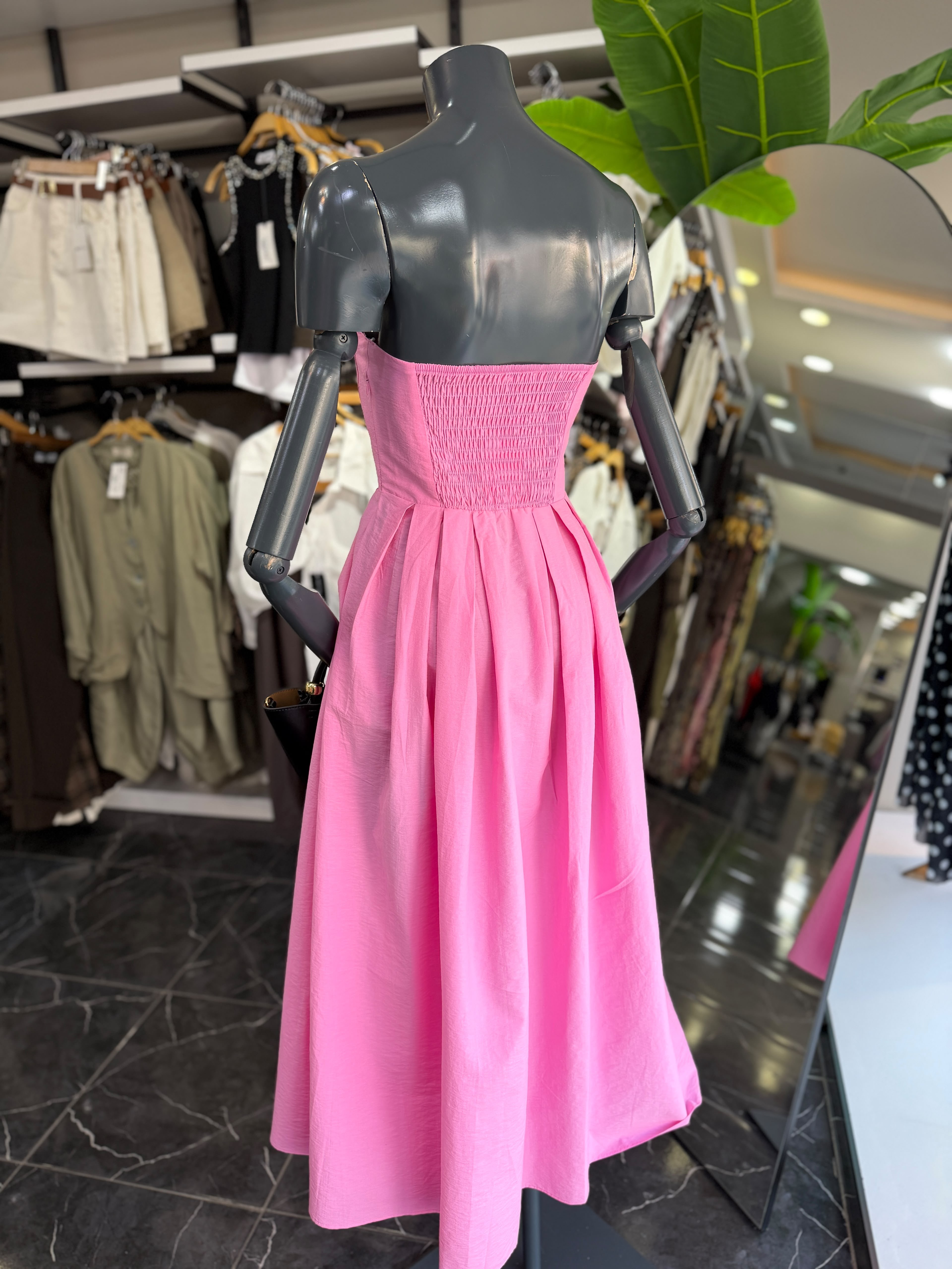Alina Pembe Poplin Kumaş Straplez Elbise