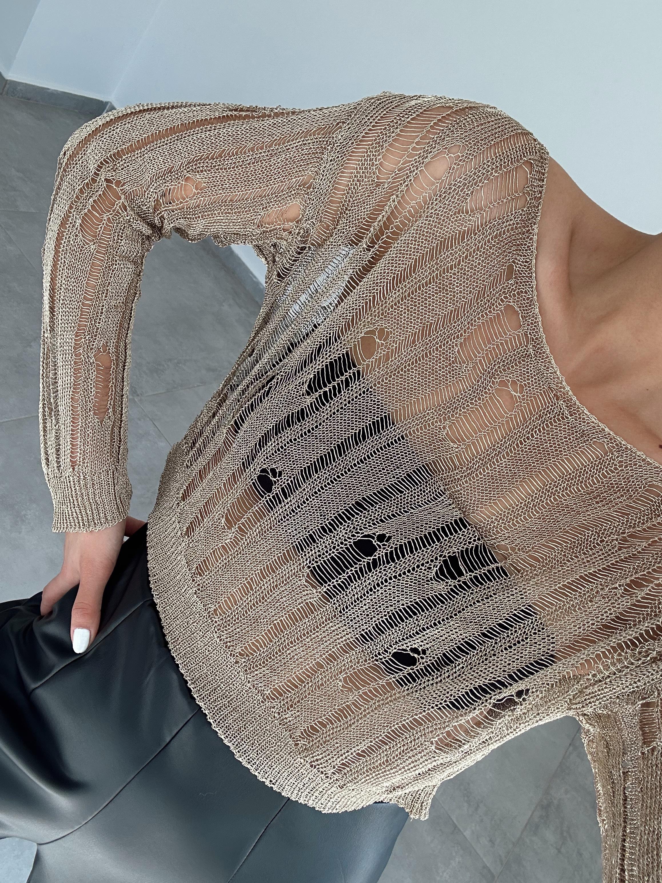 Altın Metalık Triko Bluz