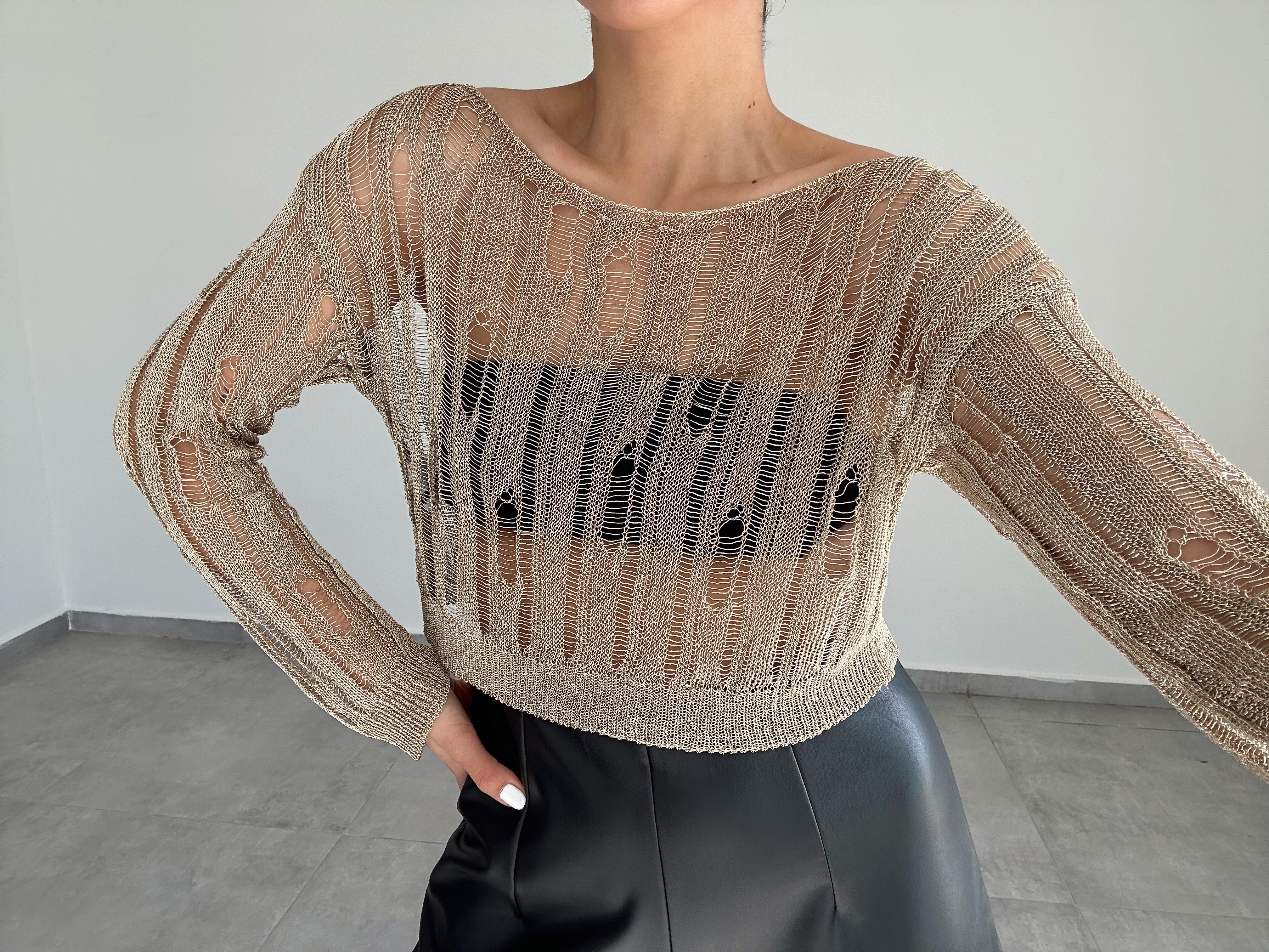 Altın Metalık Triko Bluz