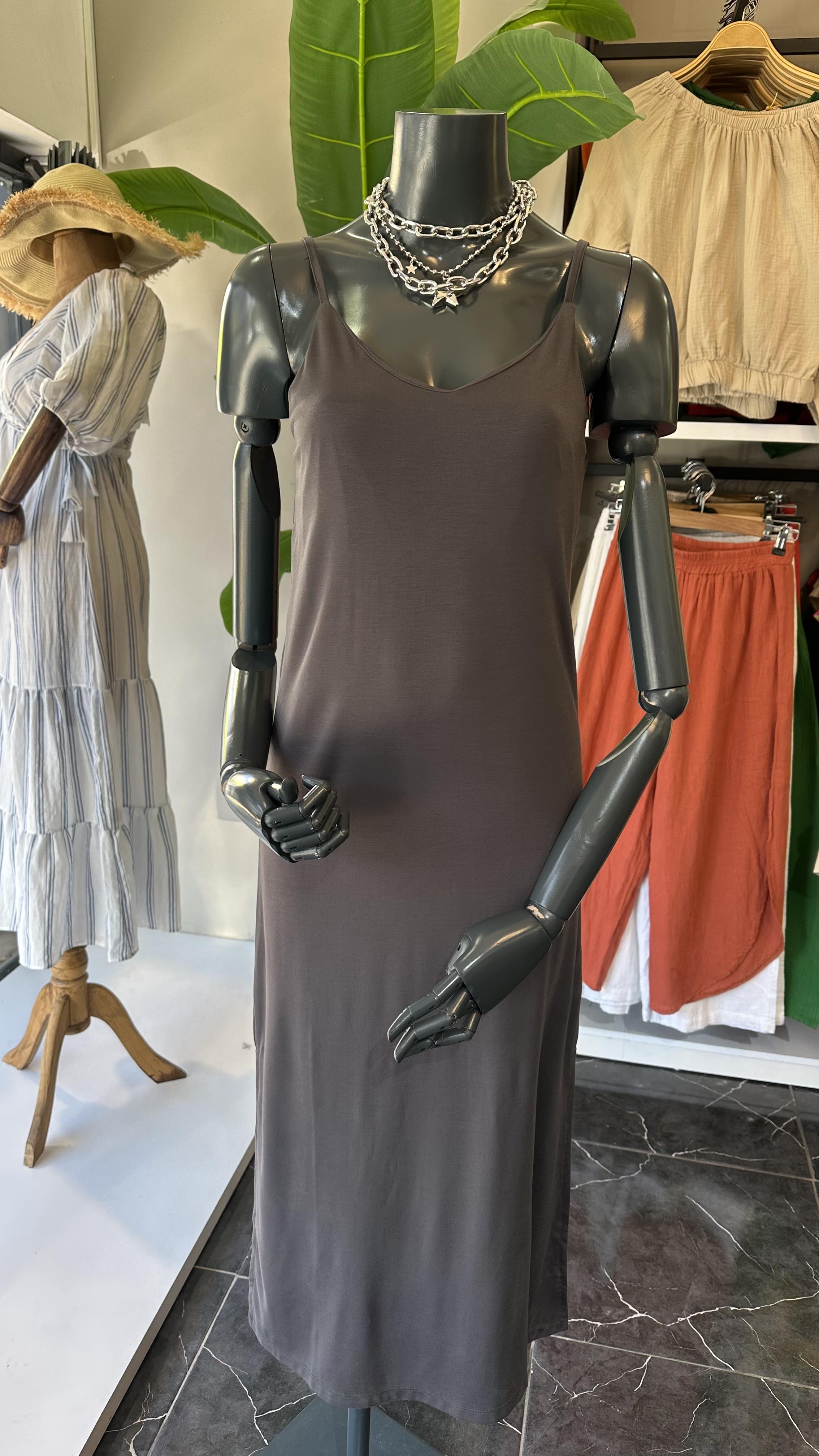 Antrasit Askılı Modal Kumaş Elbise